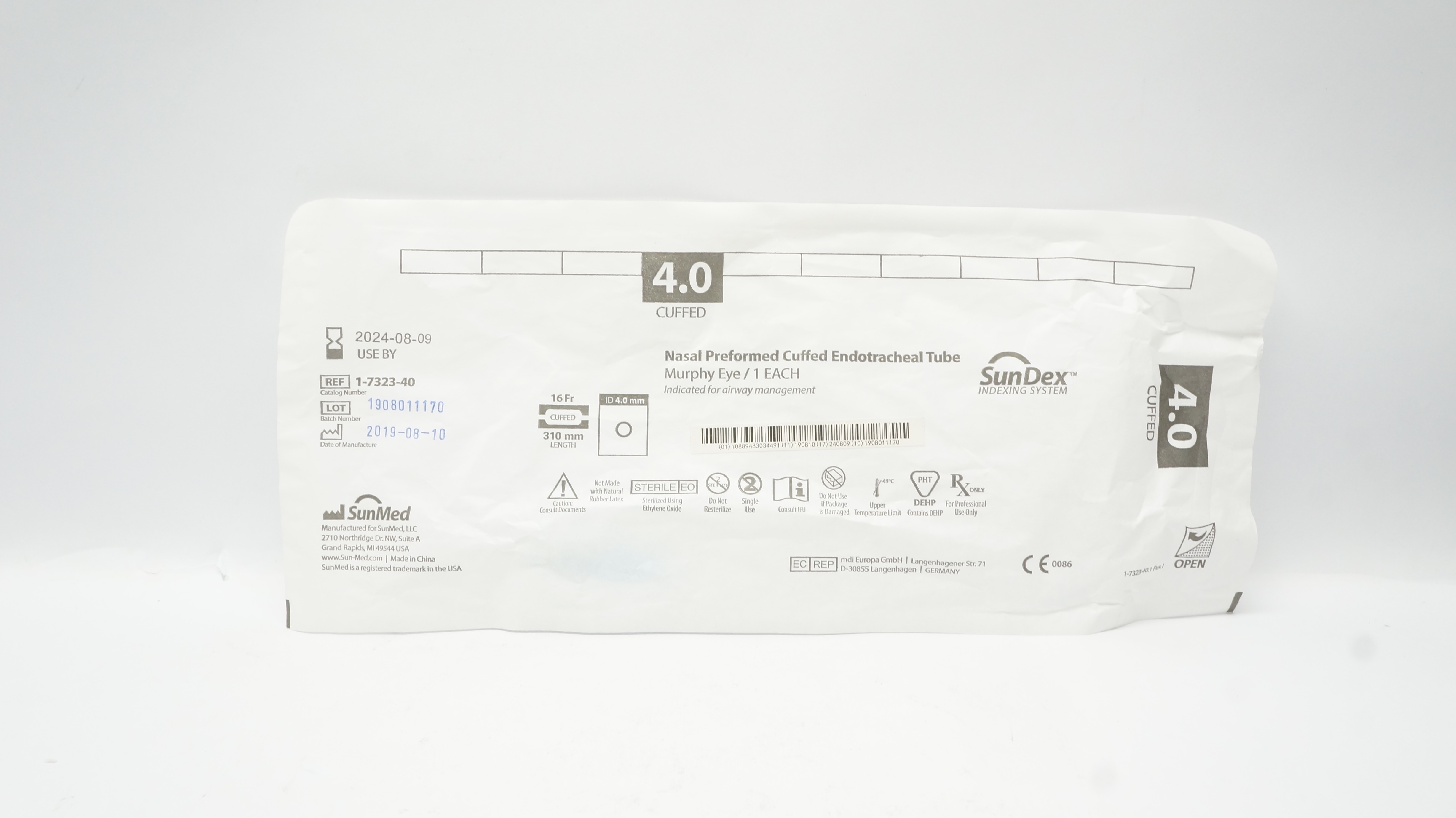 SunMed 1-7323-40 SunDex Nasal Preformed Cuffed Endotracheal Tube 16F x 310mm (X)