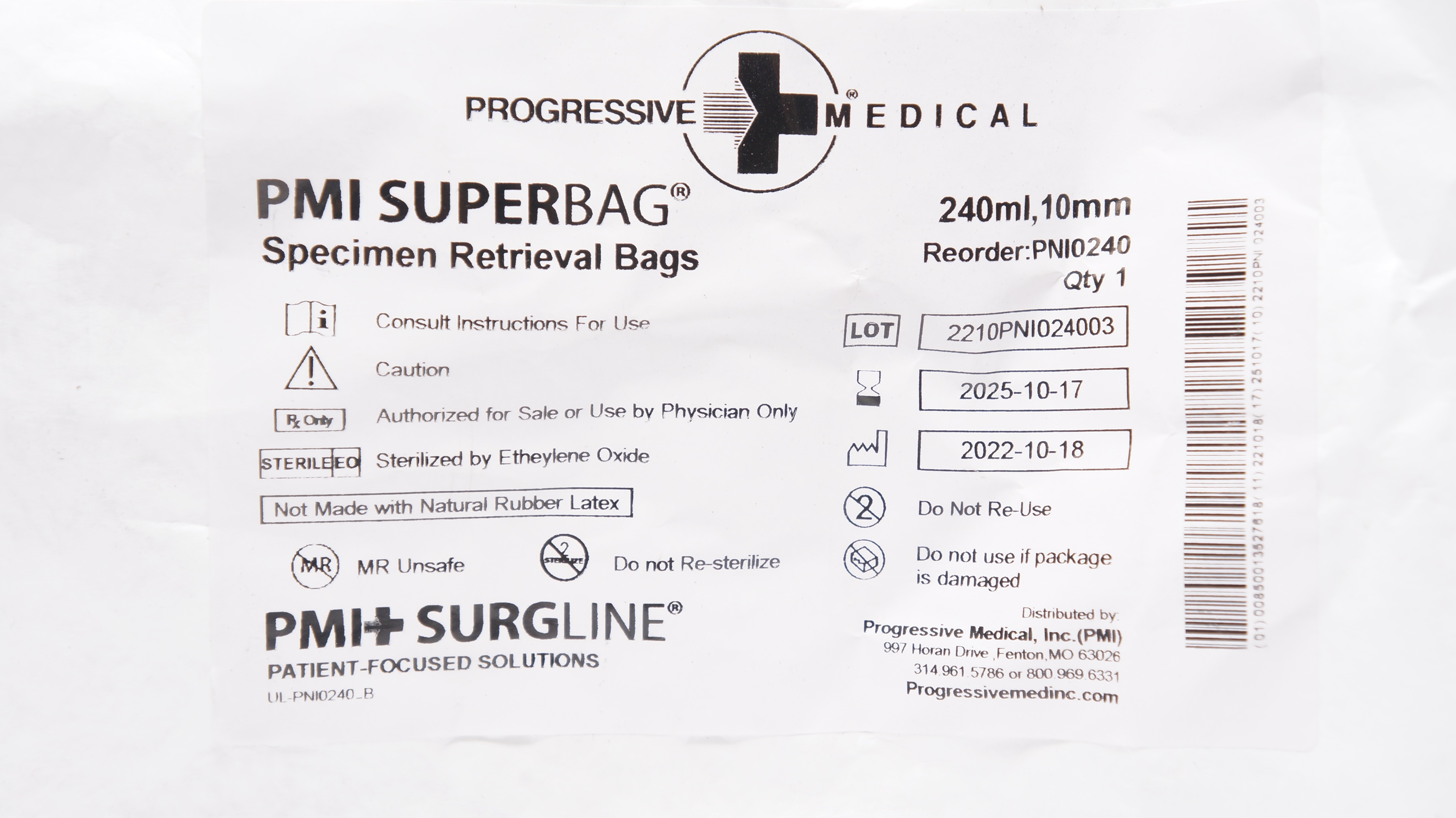 PMI PNI0240 SuperBag Nylon Introducer Specimen Retrieval Bag 240mL x 10mm