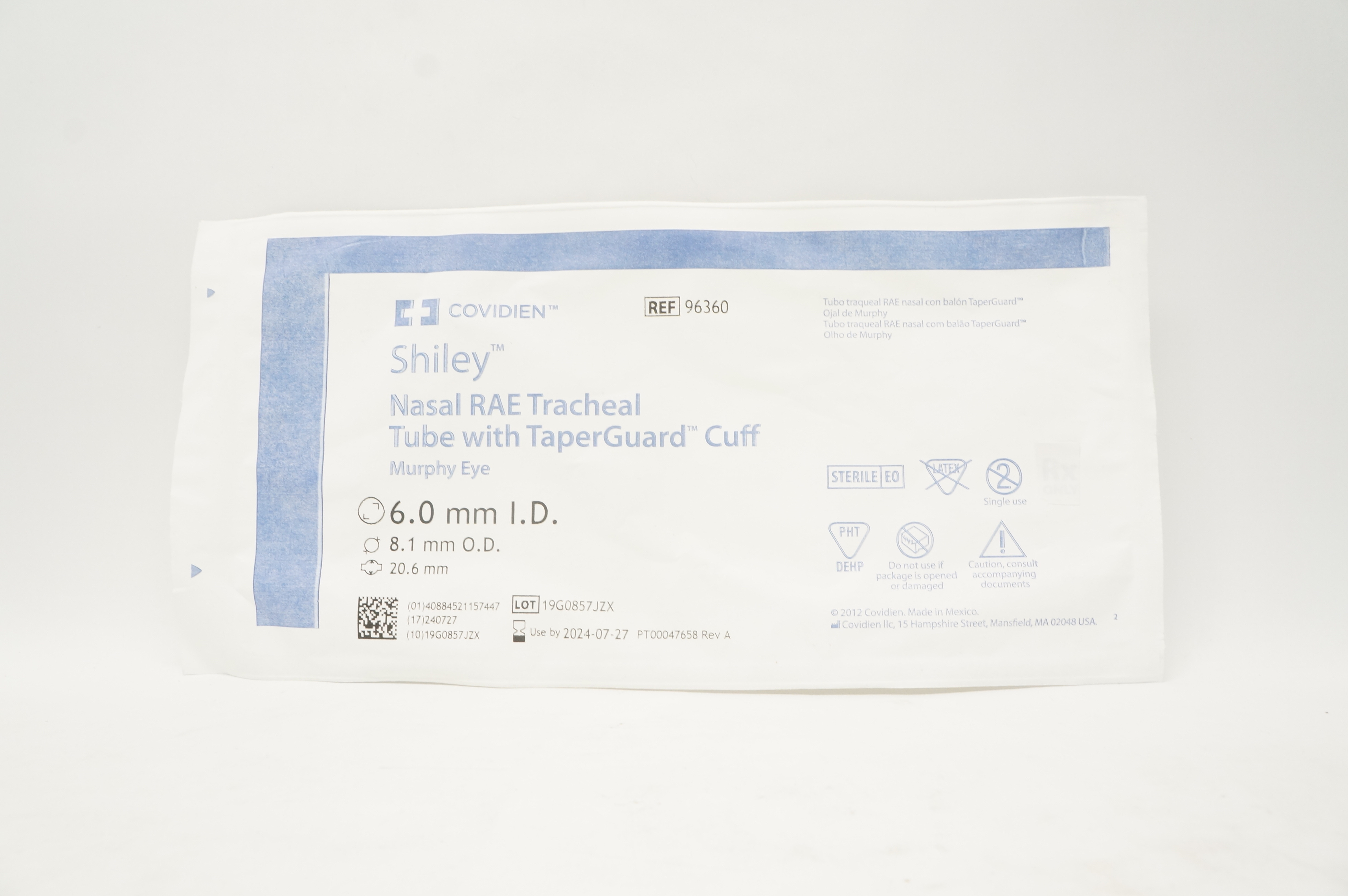 Covidien 96360  Mallinckrodt Nasal RAE Tracheal Tube 6.0 x 8.1 x 20.6mm