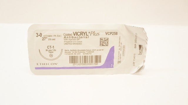 Ethicon VCP258 3-0 Coated VICRYL Plus, CT-1, 36mm 1/2c Taper, 27inch