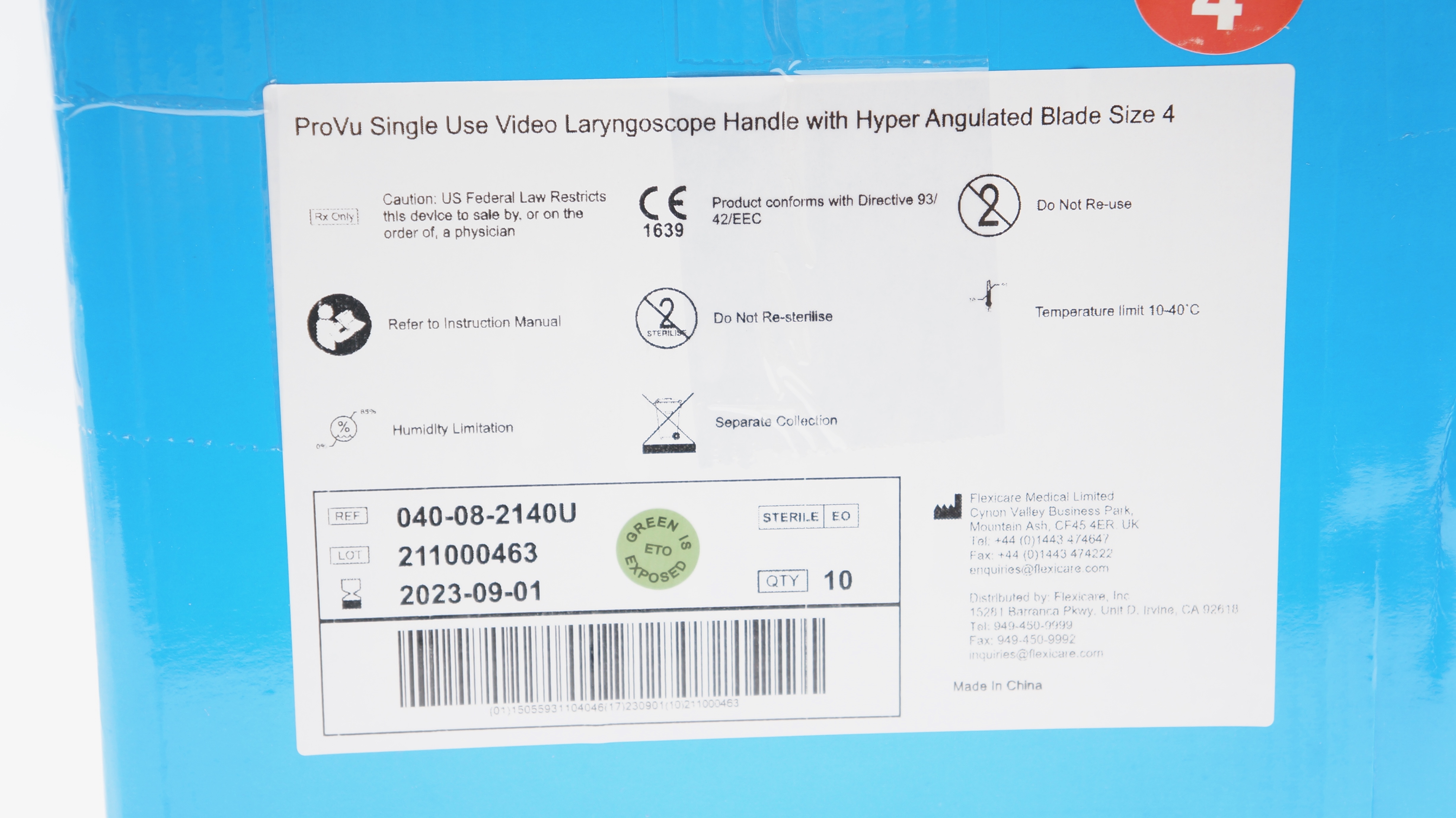 Flexicare 040-08-2140U ProVu Video Laryngoscope Handle Size 4 (x) - Box of 10