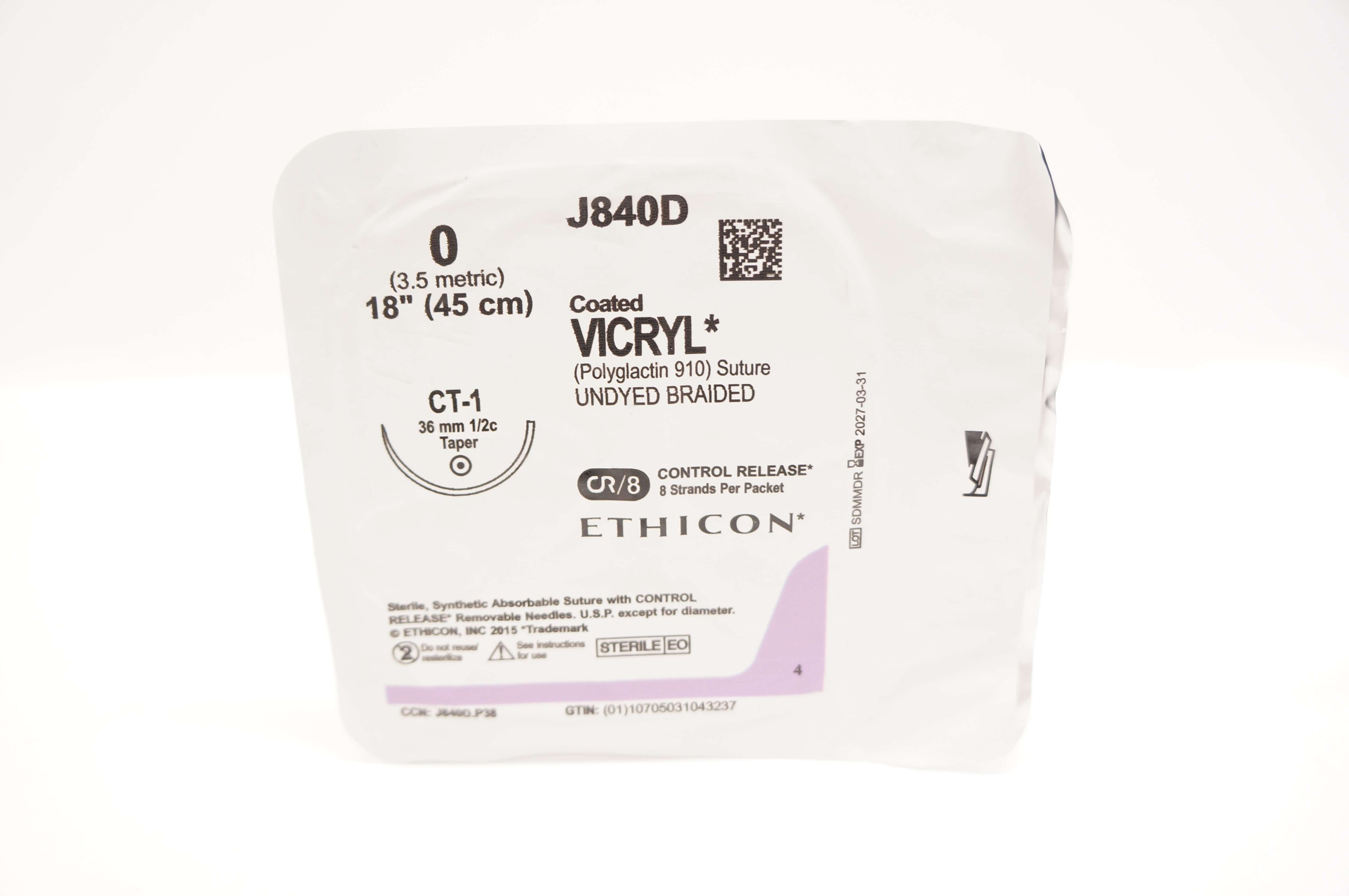 Ethicon J840D 0 Coated VICRYL Polyglactin Stre CT-1 36mm 1/2c Taper, 18inch