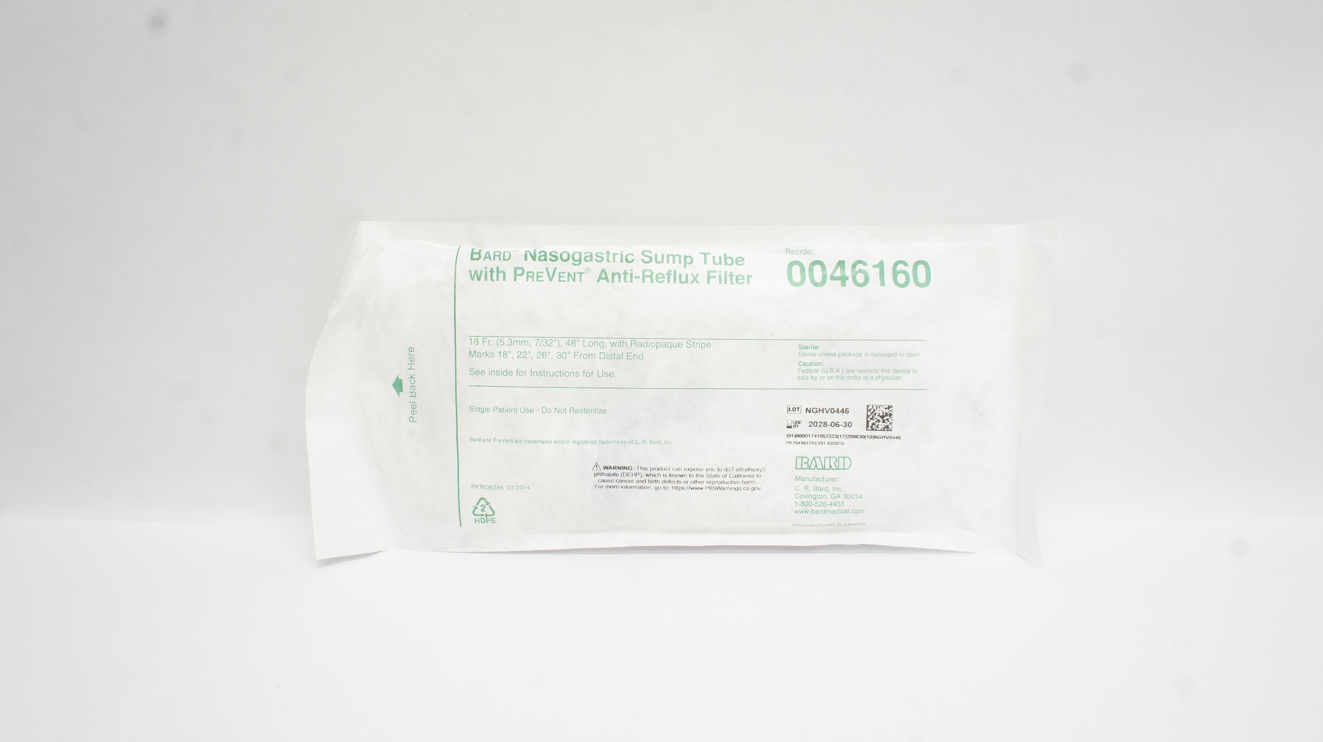 Bard 0046160 Nasogastric Sump Tube W/PreVent Anti-Reflux Filter 16Fr x 48inch