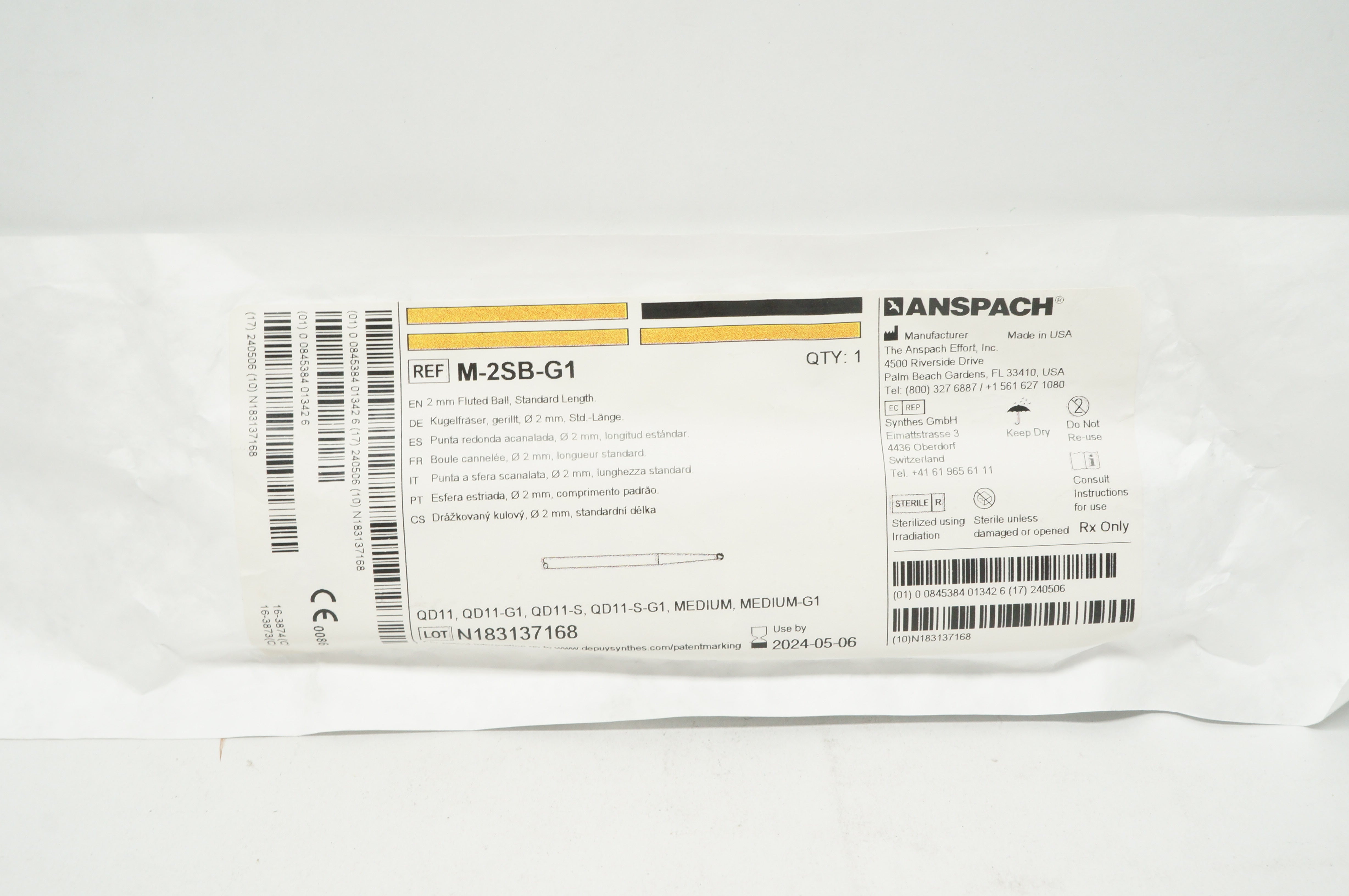 Anspach M-2SB-G1 Fluted Ball, Standard Length 2mm