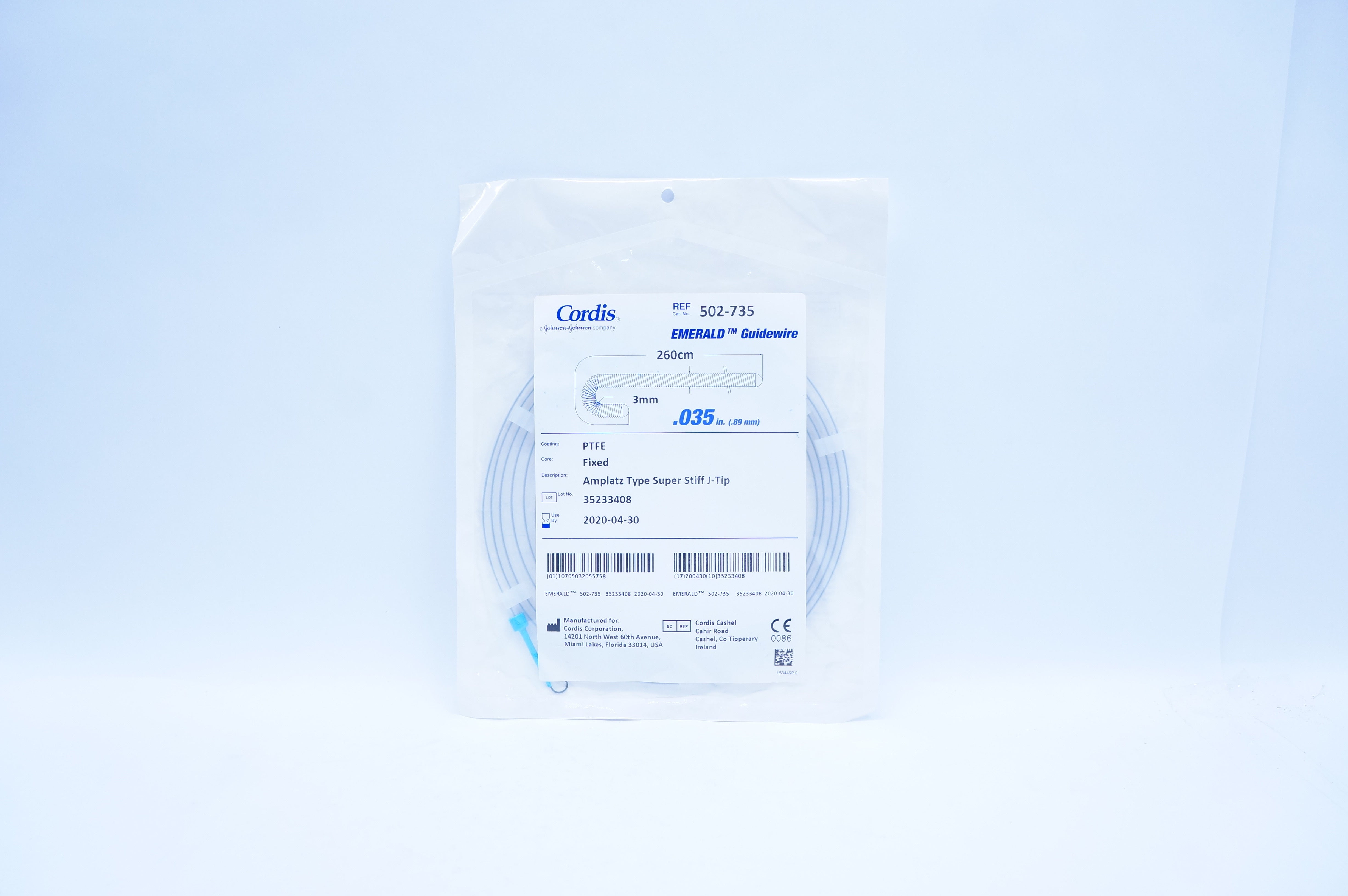 Cordis 502-735 PTFE Fixed Amplantz Type Stiff J-Tip Guidewire .035 x 260cm (x)