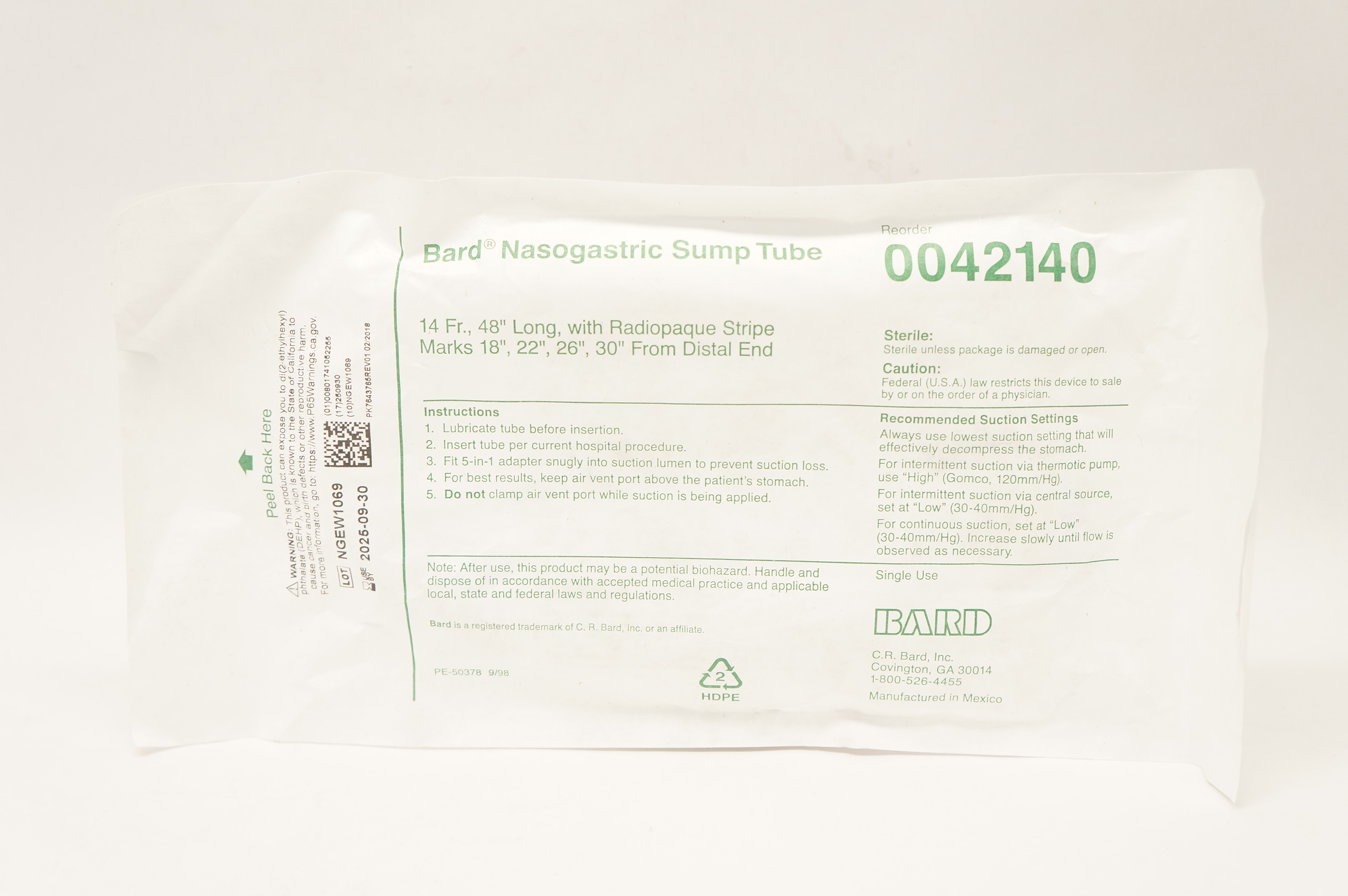 Bard 0042140 Nasogastric Sump Tube 14Fr x 48inch with Radiopaque Stripe Marks