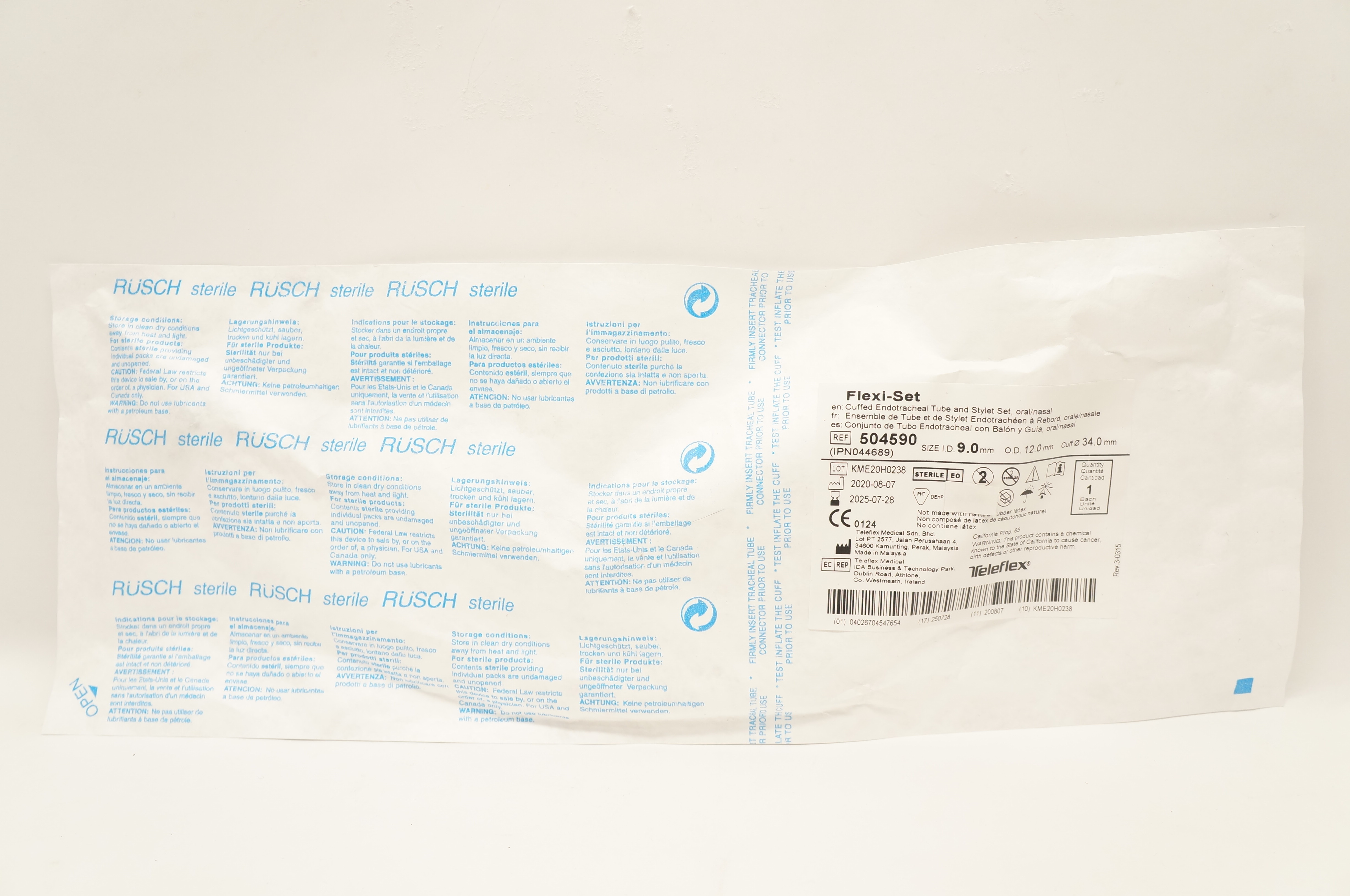 Teleflex 504590 Cuffed Endotracheal Tube & Stylet Set 9.0ID x 12.0mm OD x 34.0mm