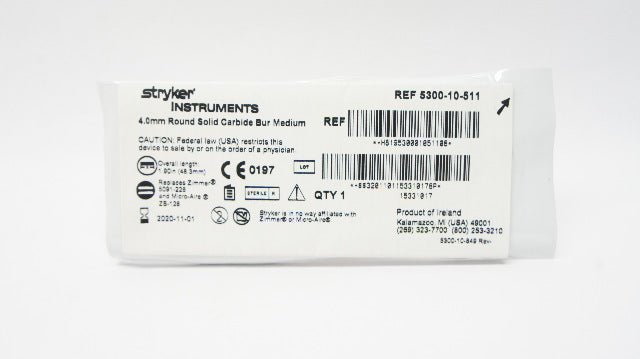 Stryker 5300-10-511 4.0mm Round Solid Carbide  Bur Medium 1.90in. (x)