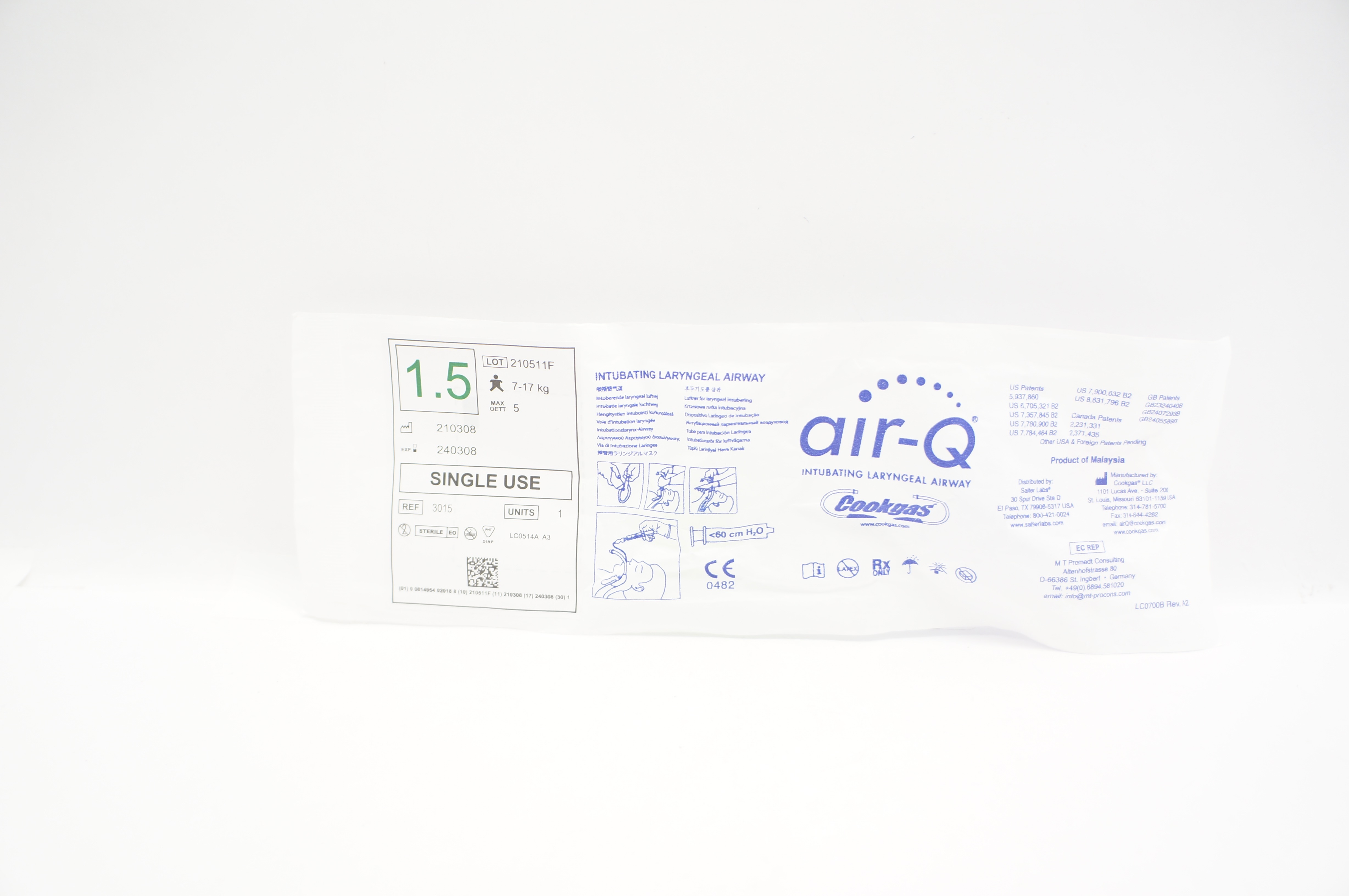 Cookgas 3015 Air-Q Intubating Laryngeal Airway Size 1.5 7-17kg