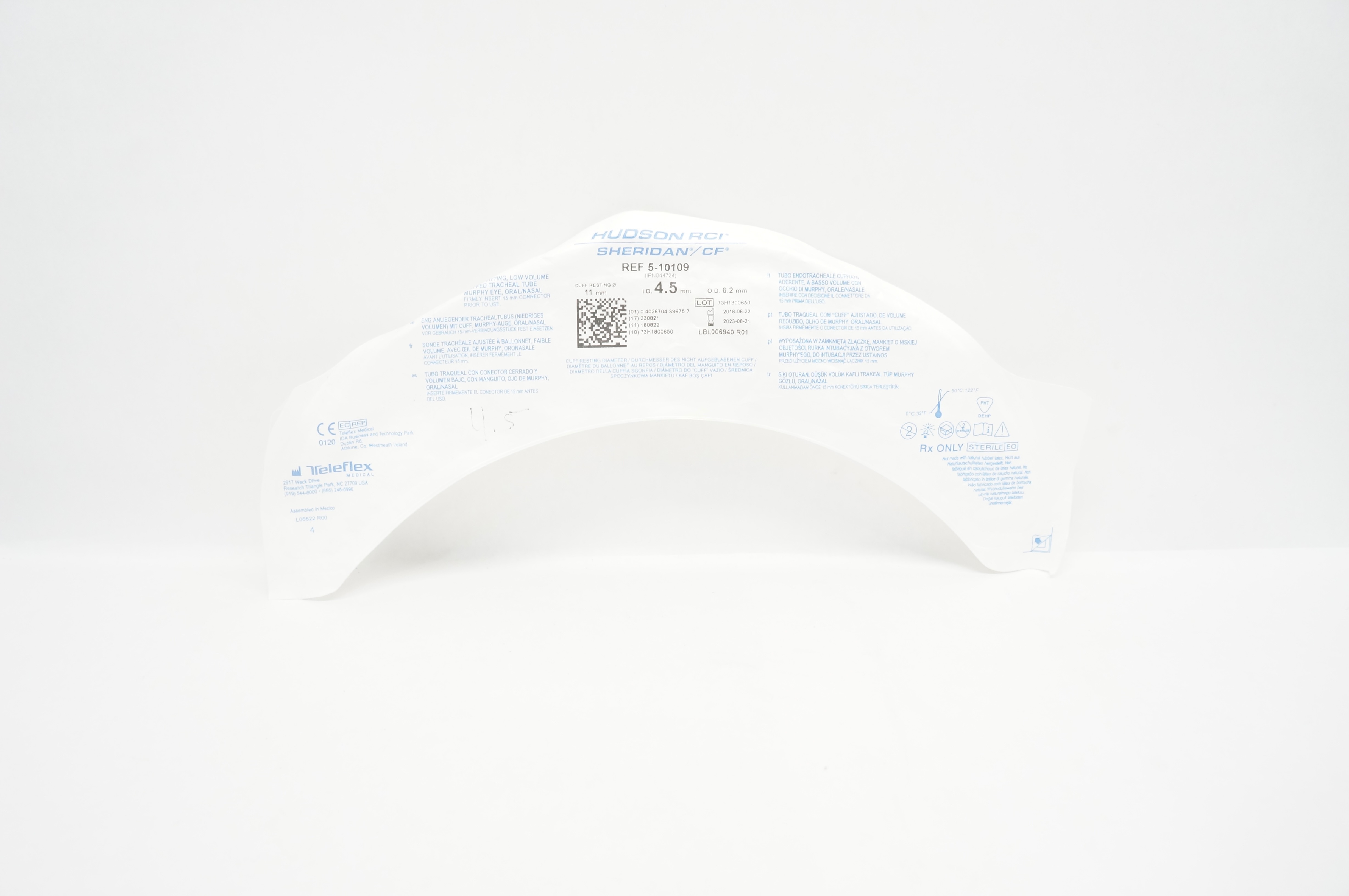 Teleflex 5-10109 Hudson RCI Sheridan Uncuffed Tracheal Tube 4.5mm x 6.2mm (x)