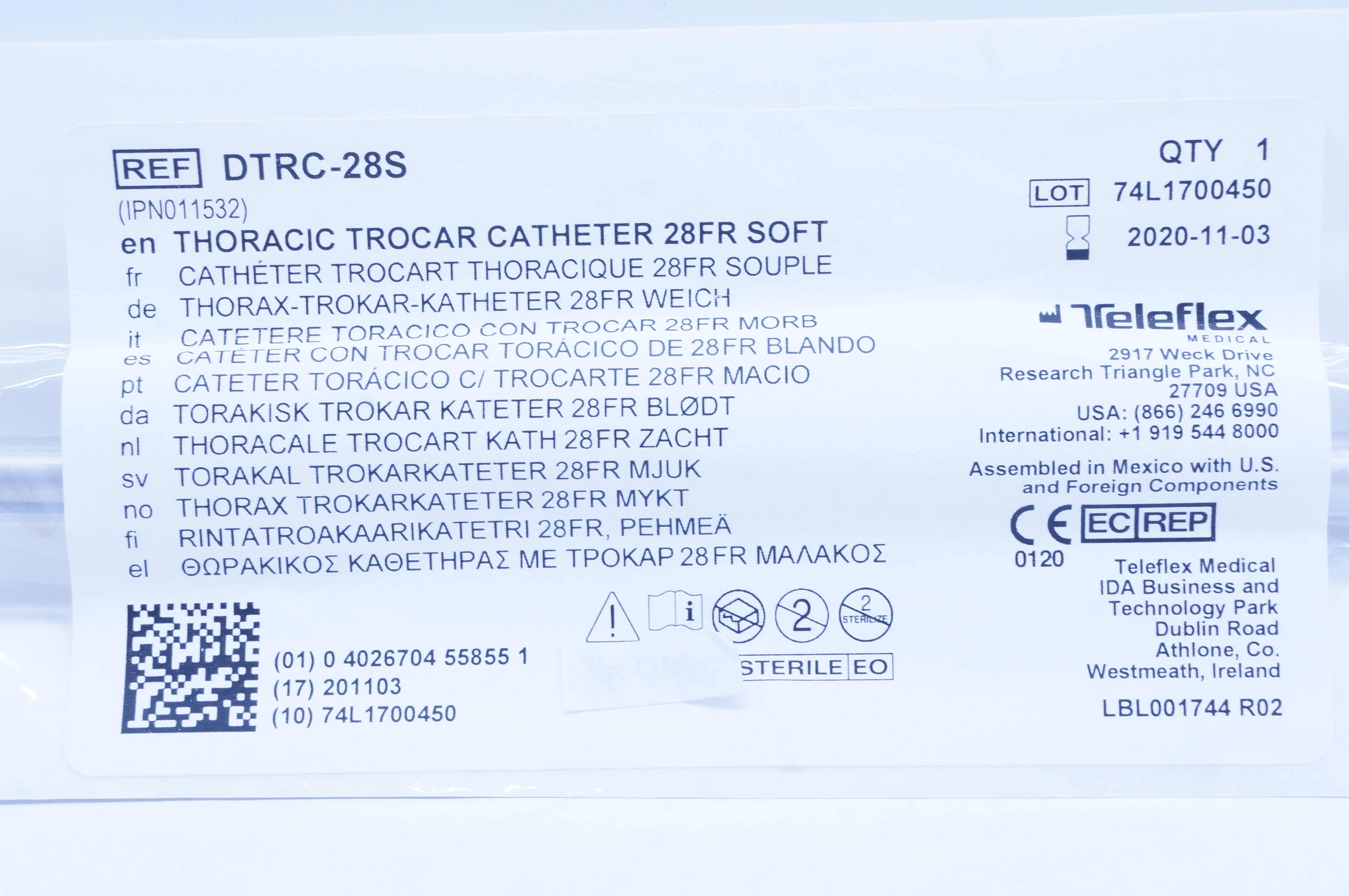 Teleflex DTRC-28S Thoracic Trocar Cath. 28Fr. Soft (x)