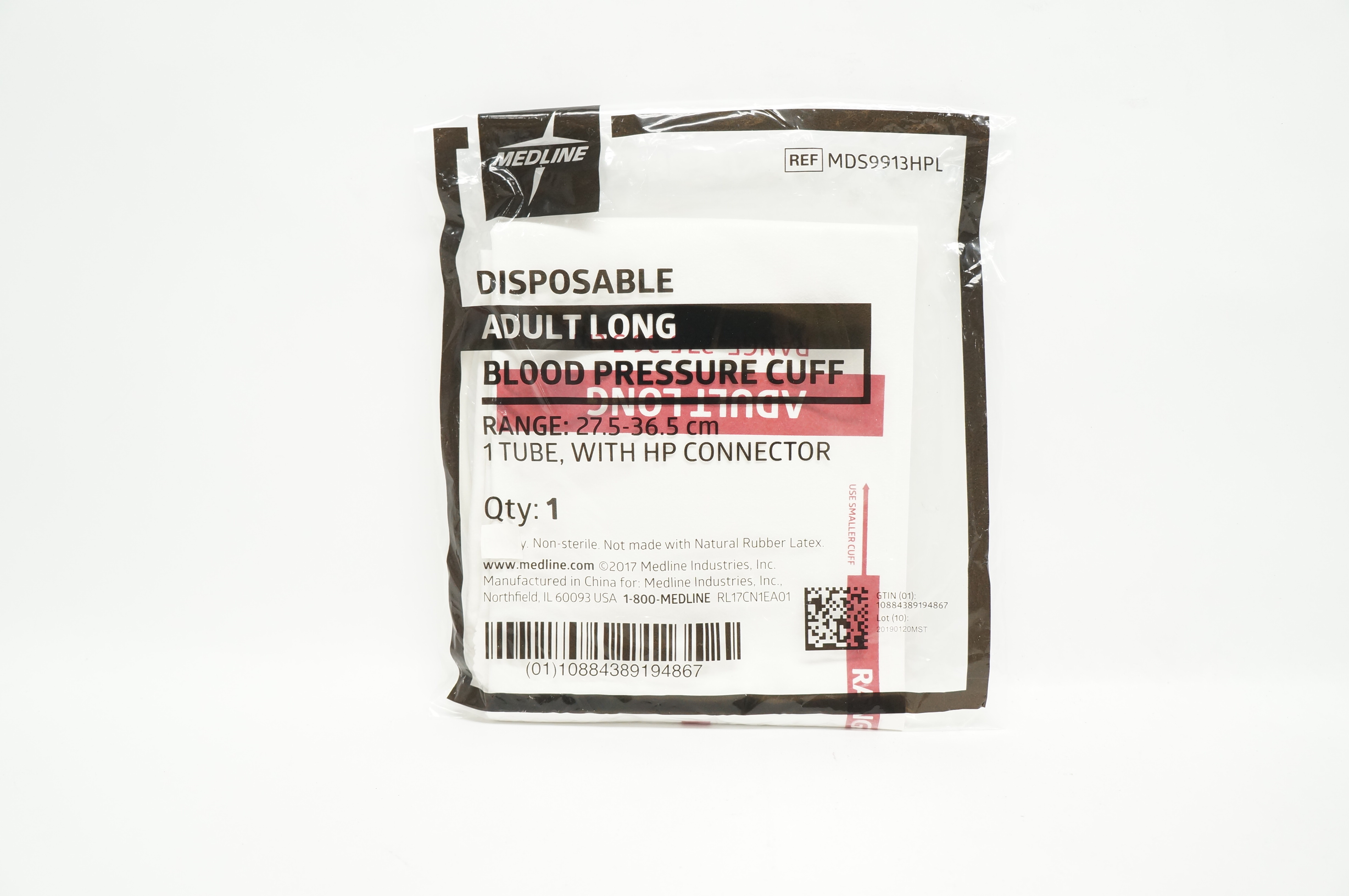 Medline MDS9913HPL Blood Pressure Cuff Adult Long W/HP Connector 27.5 - 36.5cm