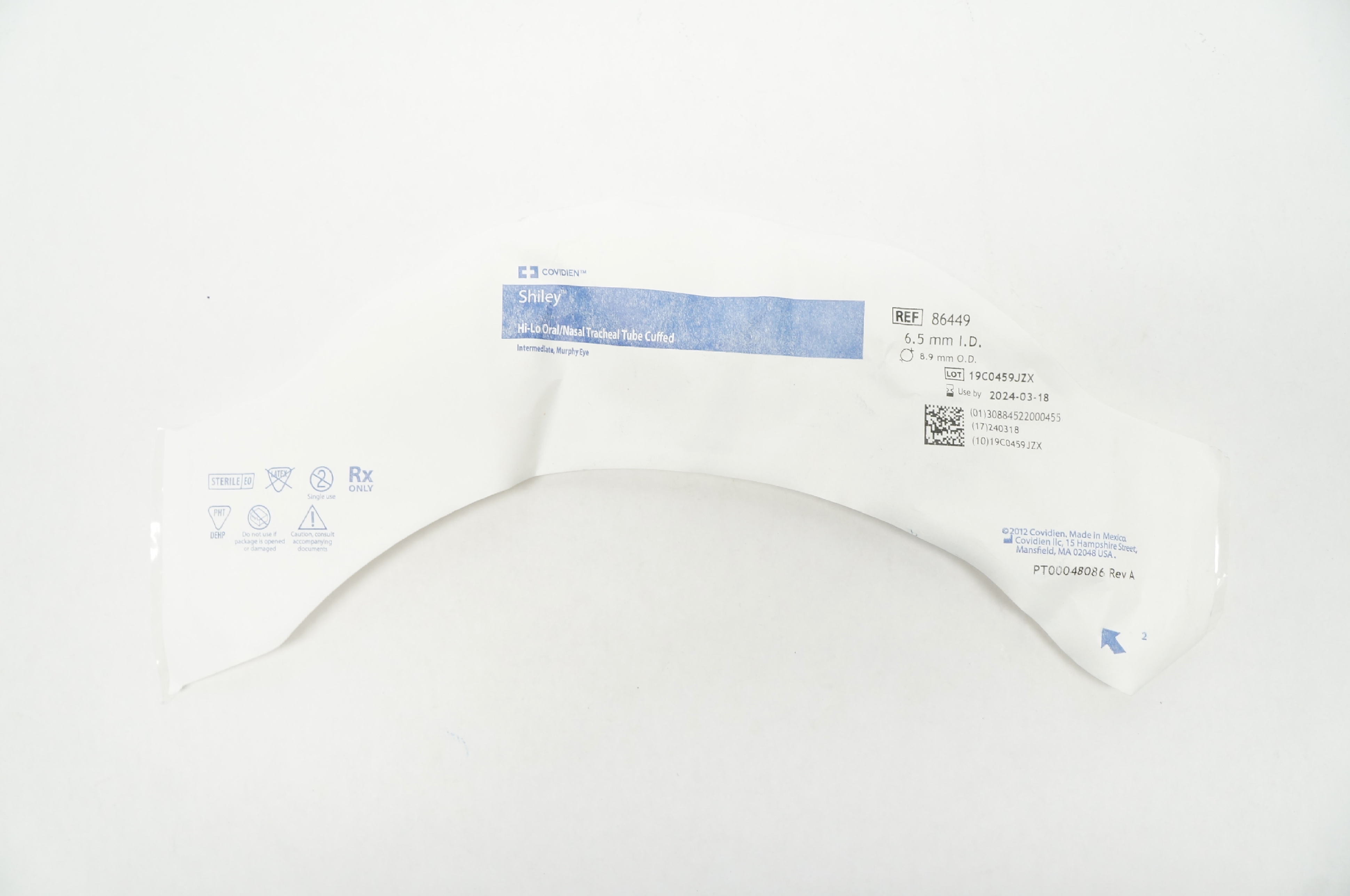 Covidien 86449 Shiley Hi-Lo Oral/Nasal Tracheal Tube Cuffed 6.5mm ID x 8.9mm OD