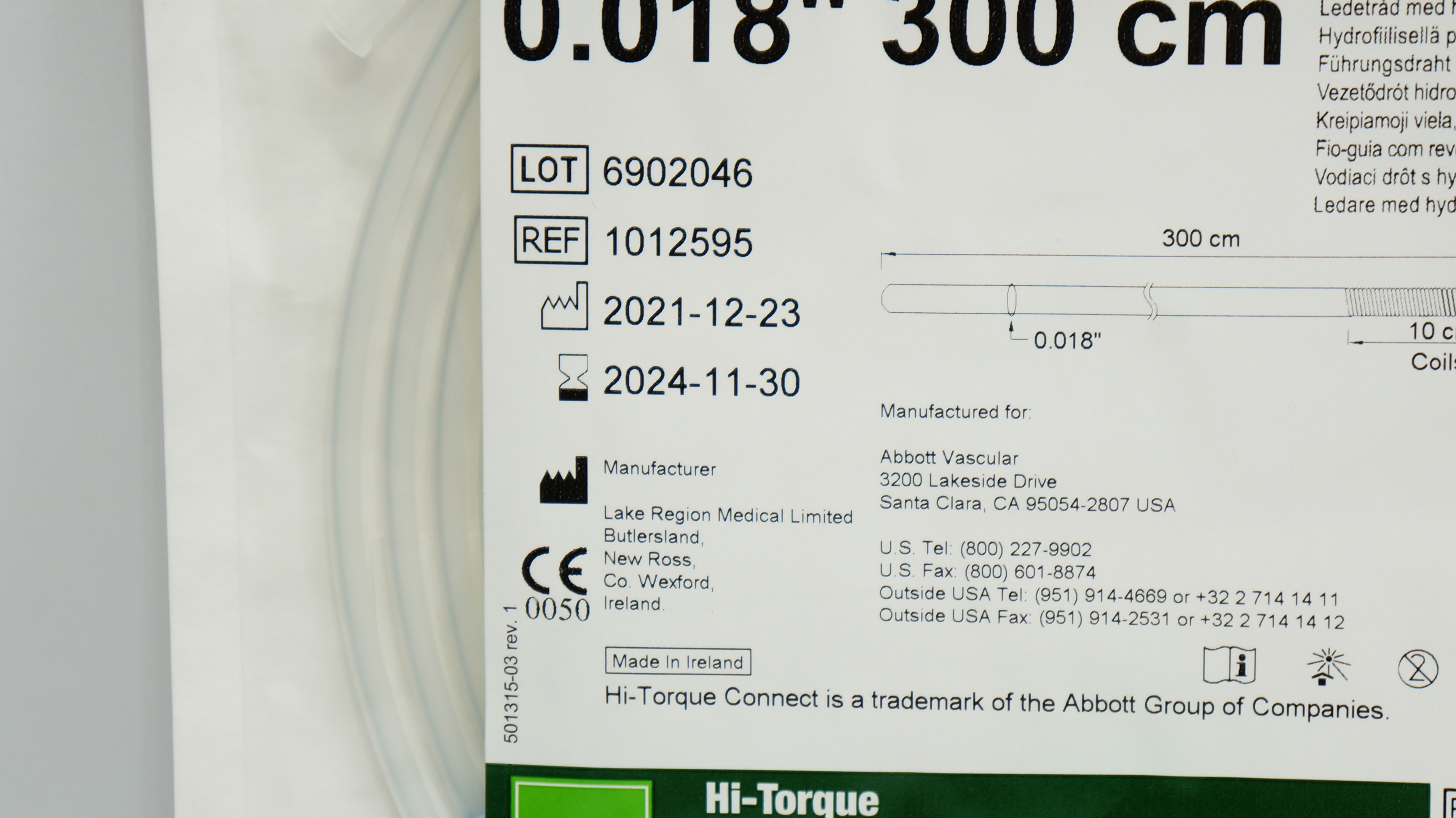 Abbott 1012595 Hi-Torque Connect 250T Guide Wire 0.01inch x 300cm