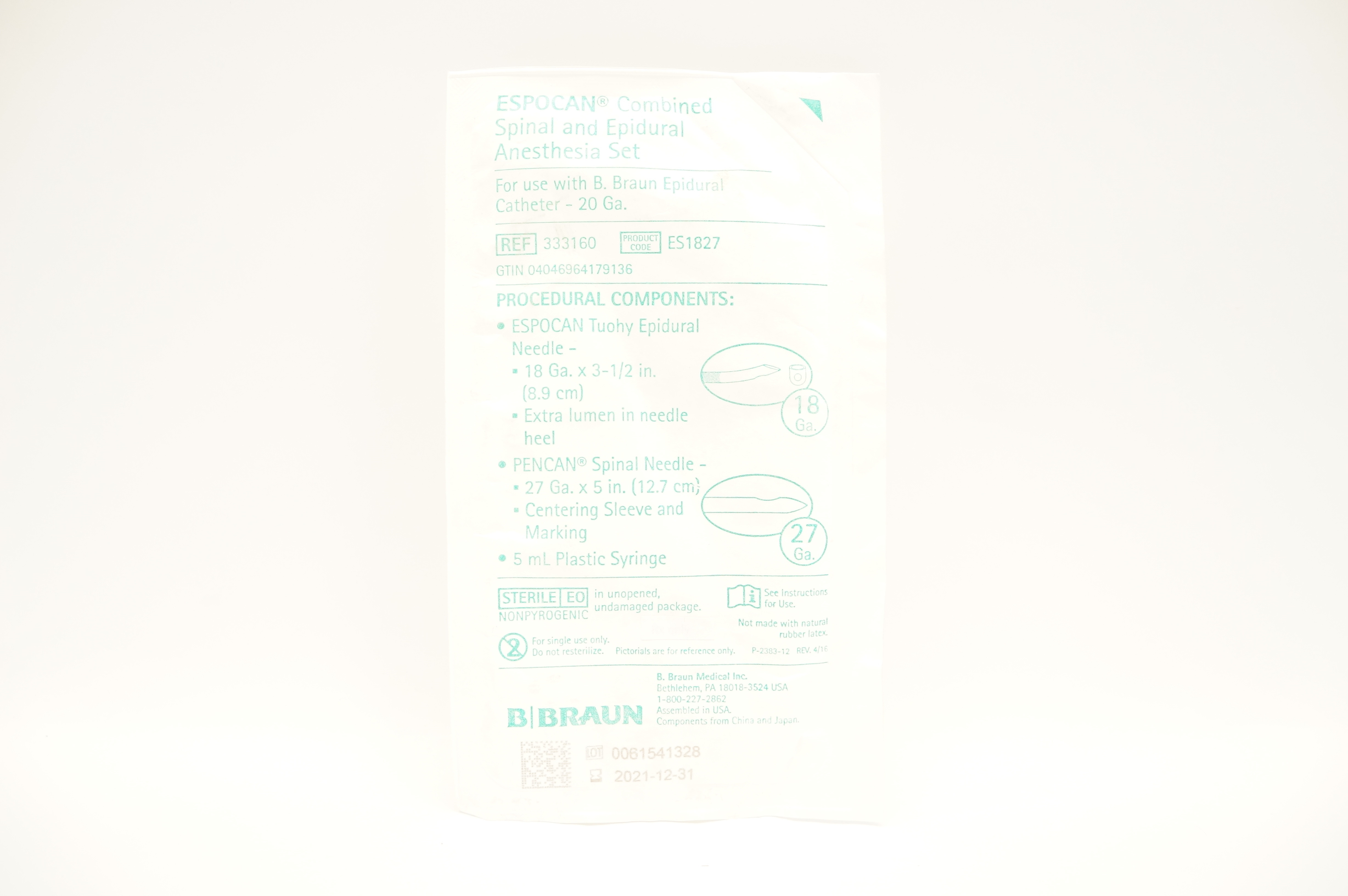 Braun 333160 Espocan Combined Spinal and Epidural Anesthesia Set 18Ga x 27Ga