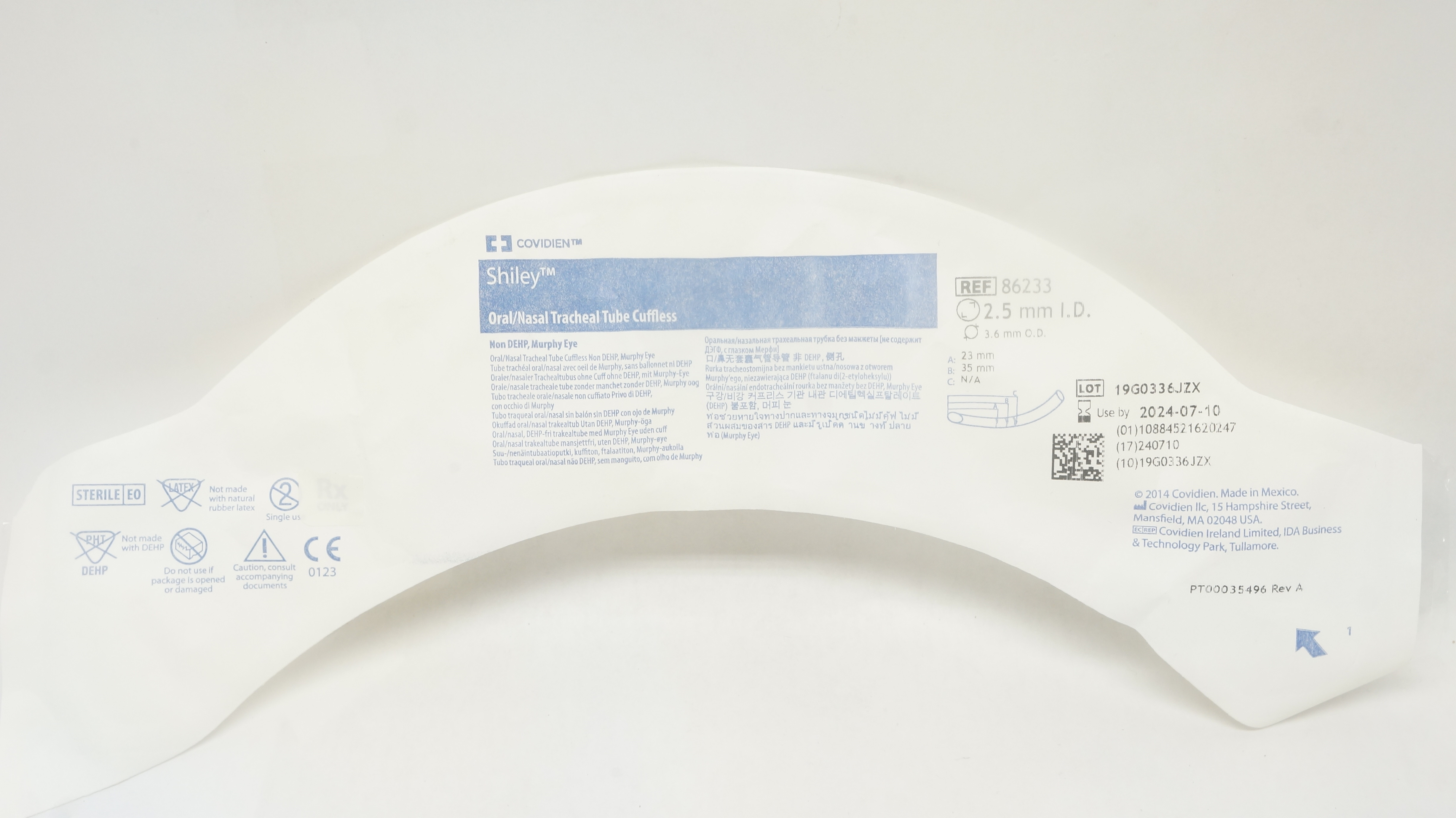 Covidien 86233 Shiley Oral/Nasal Tracheal Tube Cuffless 2.5mm I.D. x 3.6mm O.D.