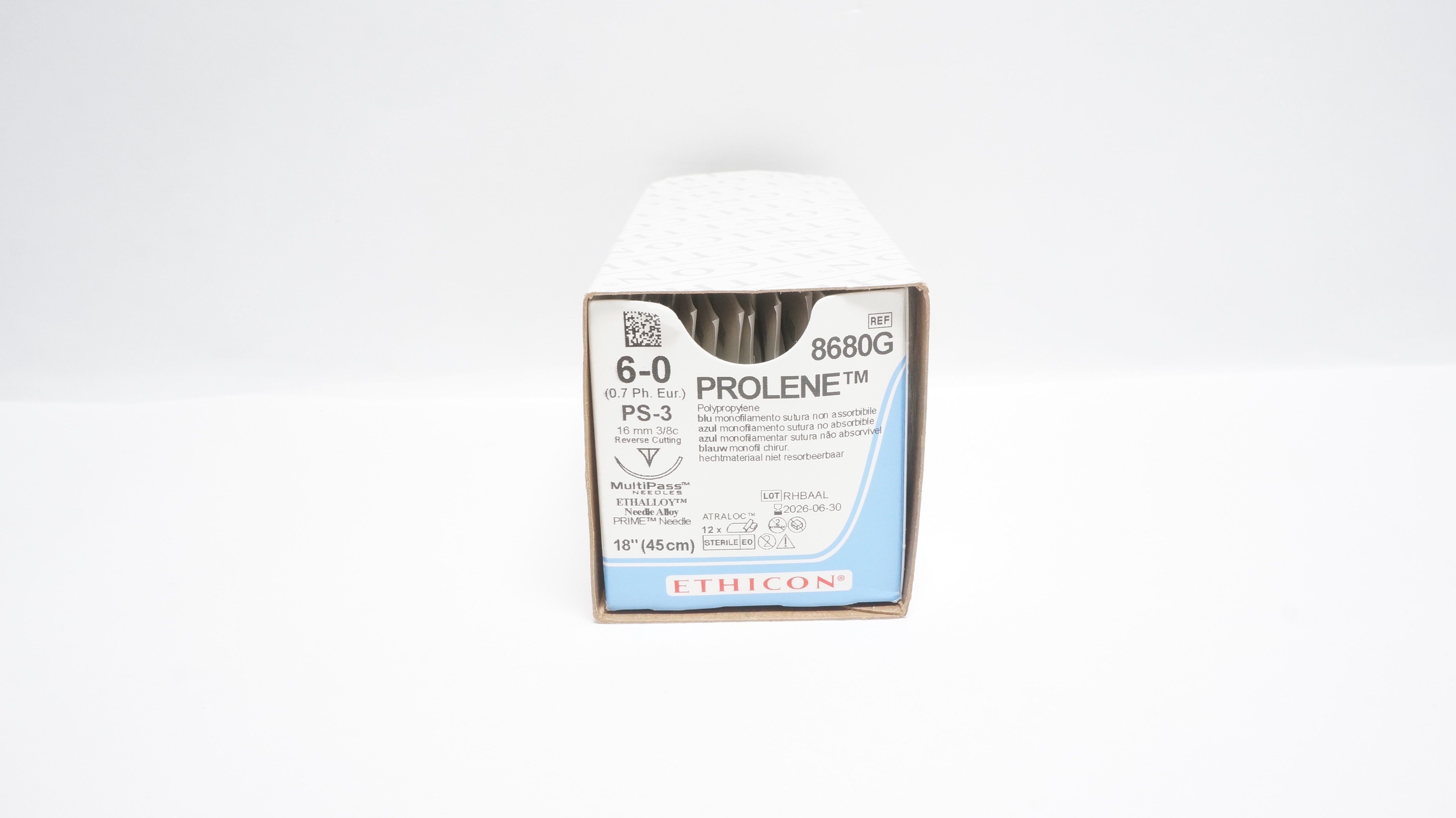 Ethicon 8680G 6-0 PROLENE, PS-3, 16mm 3/8c Reverse Cutting, 18inch -Box of 11