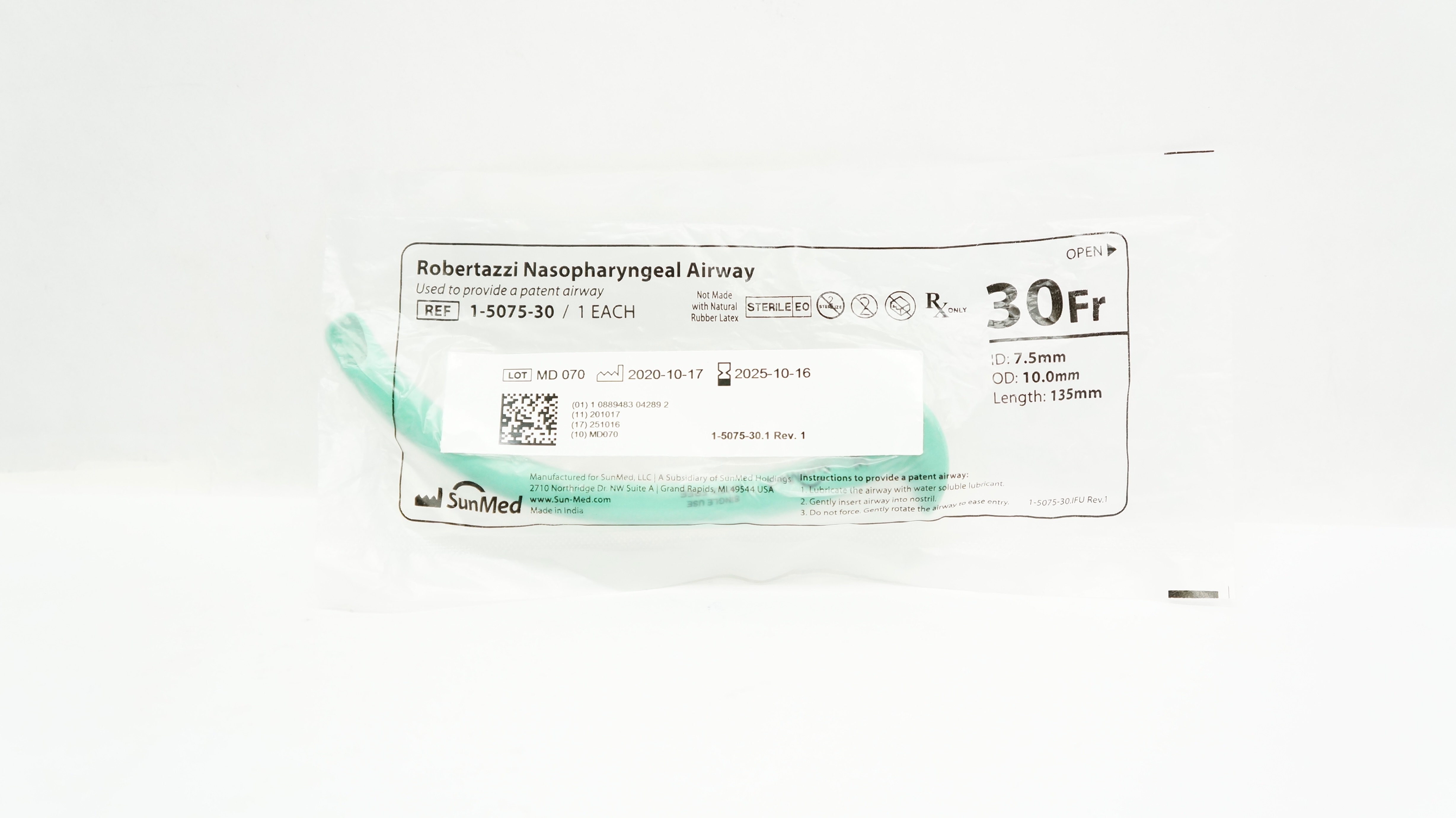 SunMed 1-5075-30 Robertazzi Nasopharyngeal Airway 30Fr x7.5ID x10.0OD x 135mm(x)