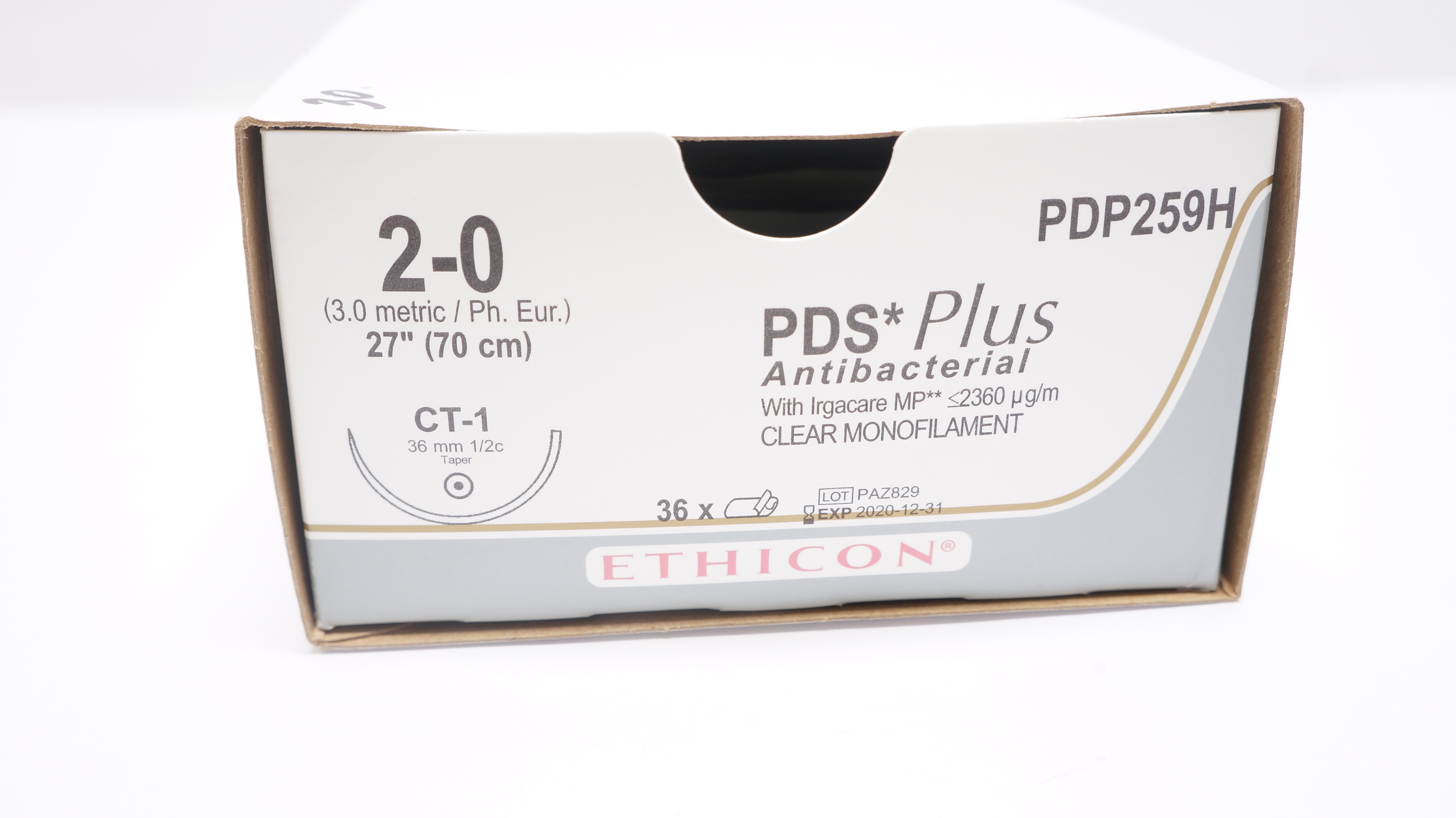 Ethicon PDP259H 2-0 PDS Plus Antibacterial CT-1 36mm 1/2c Taper 27in-Box of30(x)