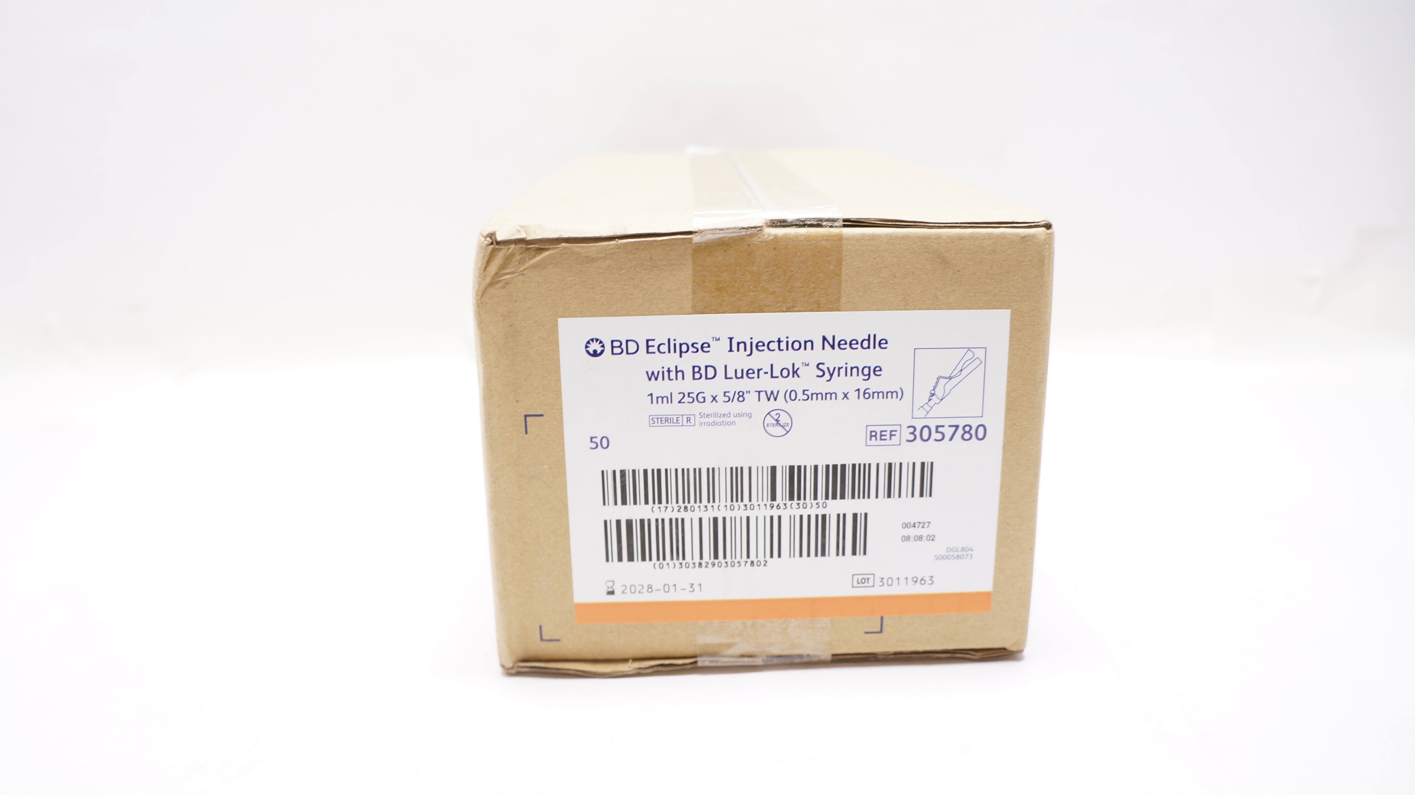 BD 305780 Eclipse Injection Ndle W/ Luer-Lok Syringe 1ml, 25G x 5/8 - Box of 50