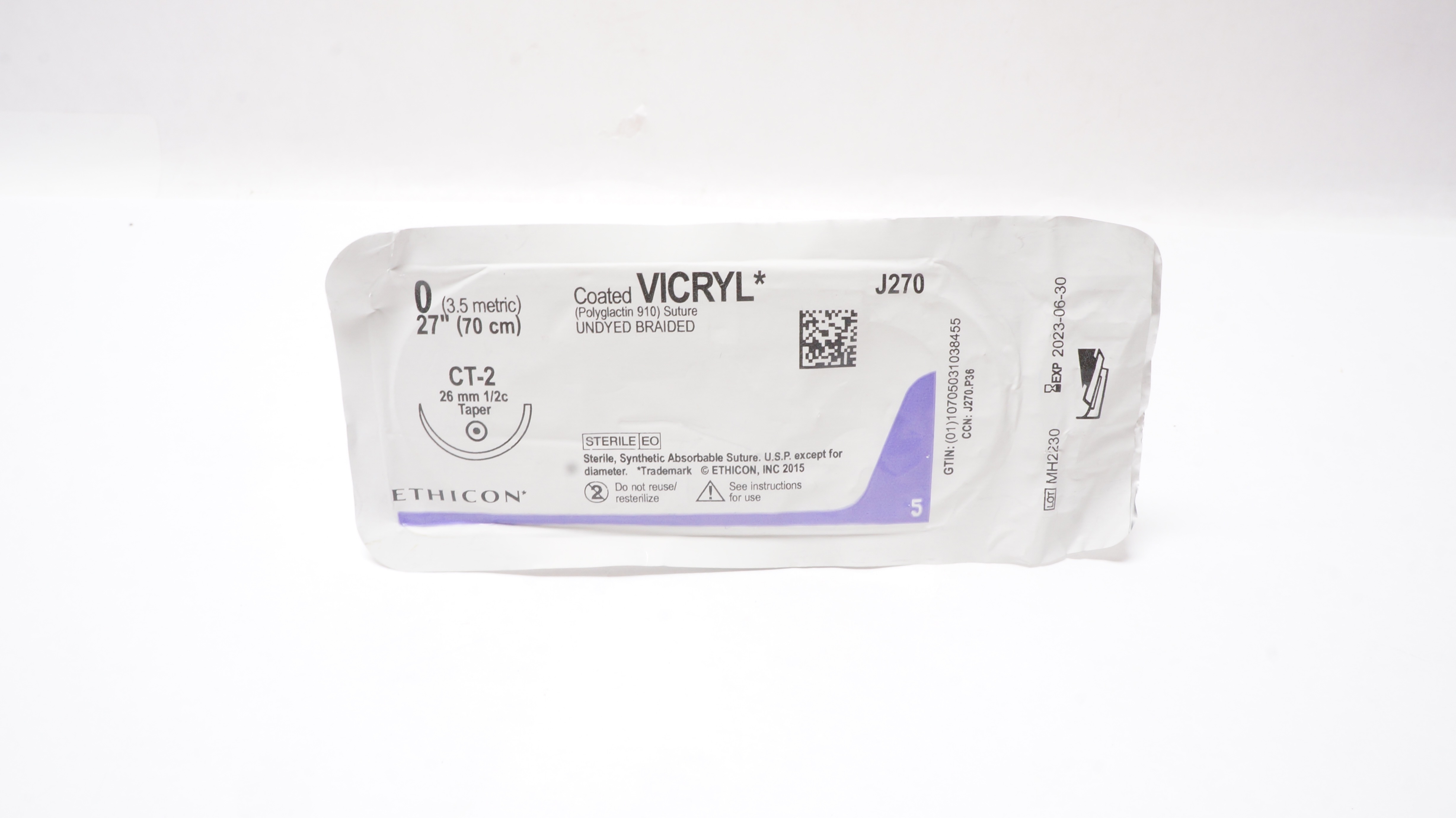 Ethicon J270 0 Coated VICRYL Stre, Undyed Braided, CT-2 26mm 1/2c Taper, 27inch