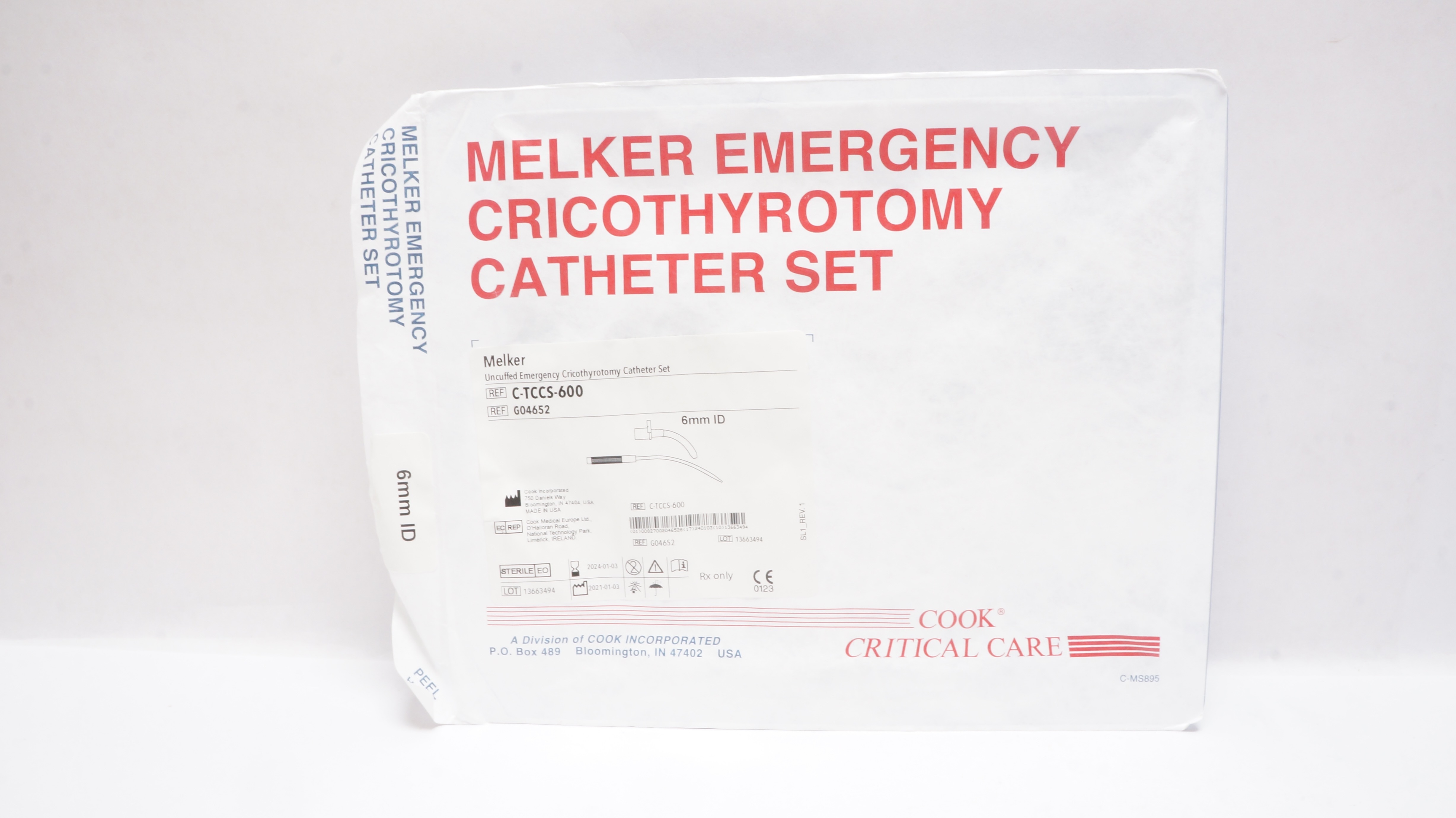 Cook Medical G04652 Melker Uncuffed Emergency Cricothyrotomy Cath. Set 6mm ID