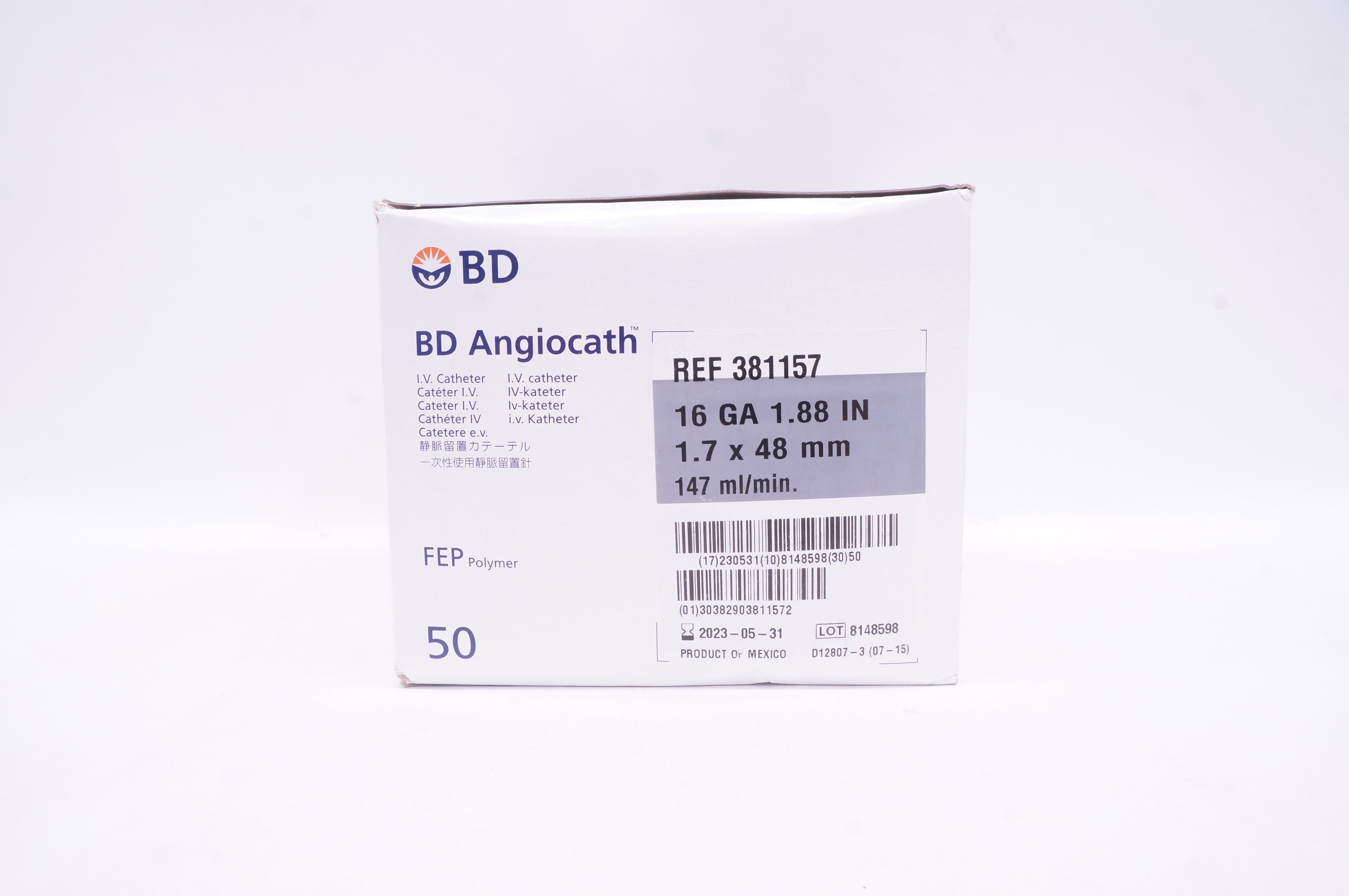 BD 381157 Angiocath I.V. Cath. 16Ga 1.88inch 147ml - Box of 50