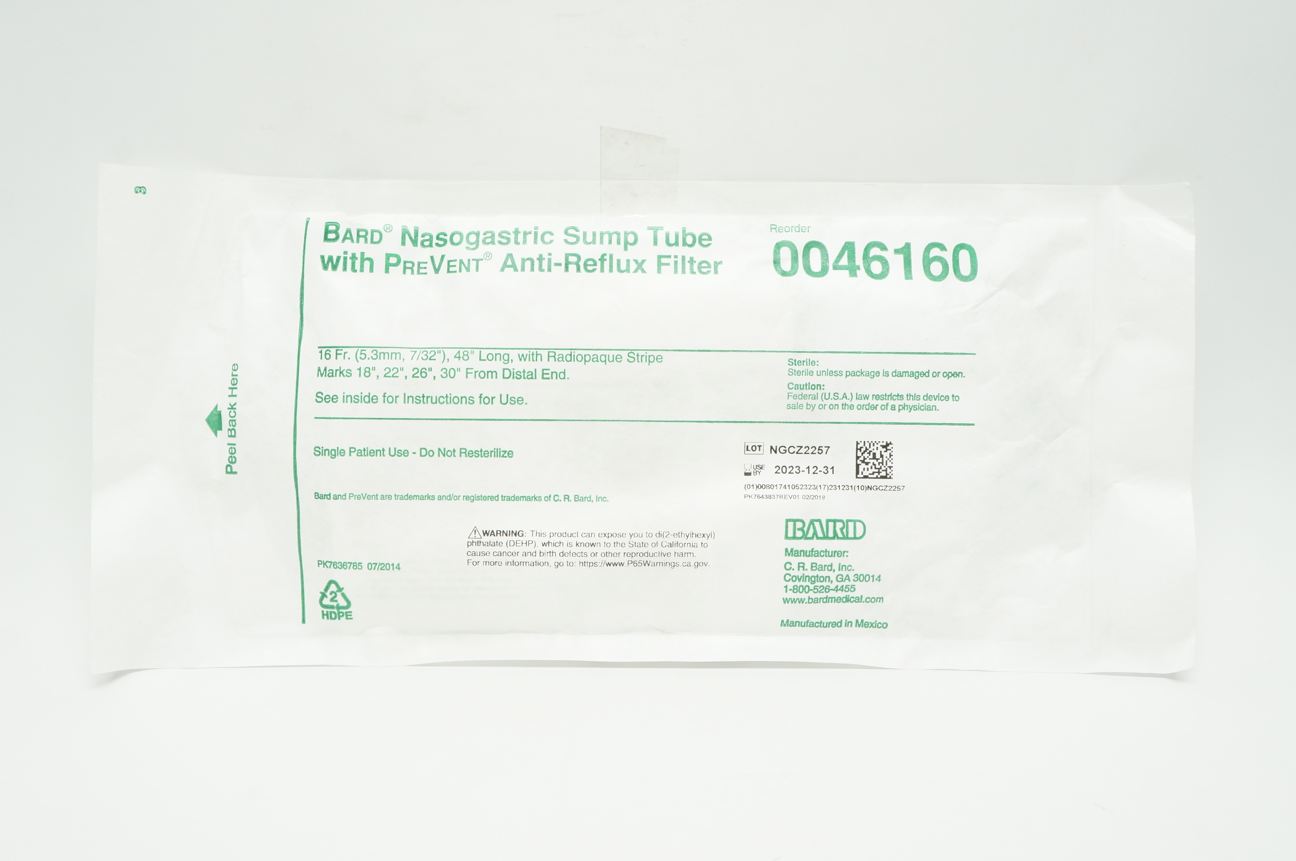 Bard 0046160 Nasogastric Sump Tube W/ PreVent Anti-Reflux Filter, 16Fr. x 48in.