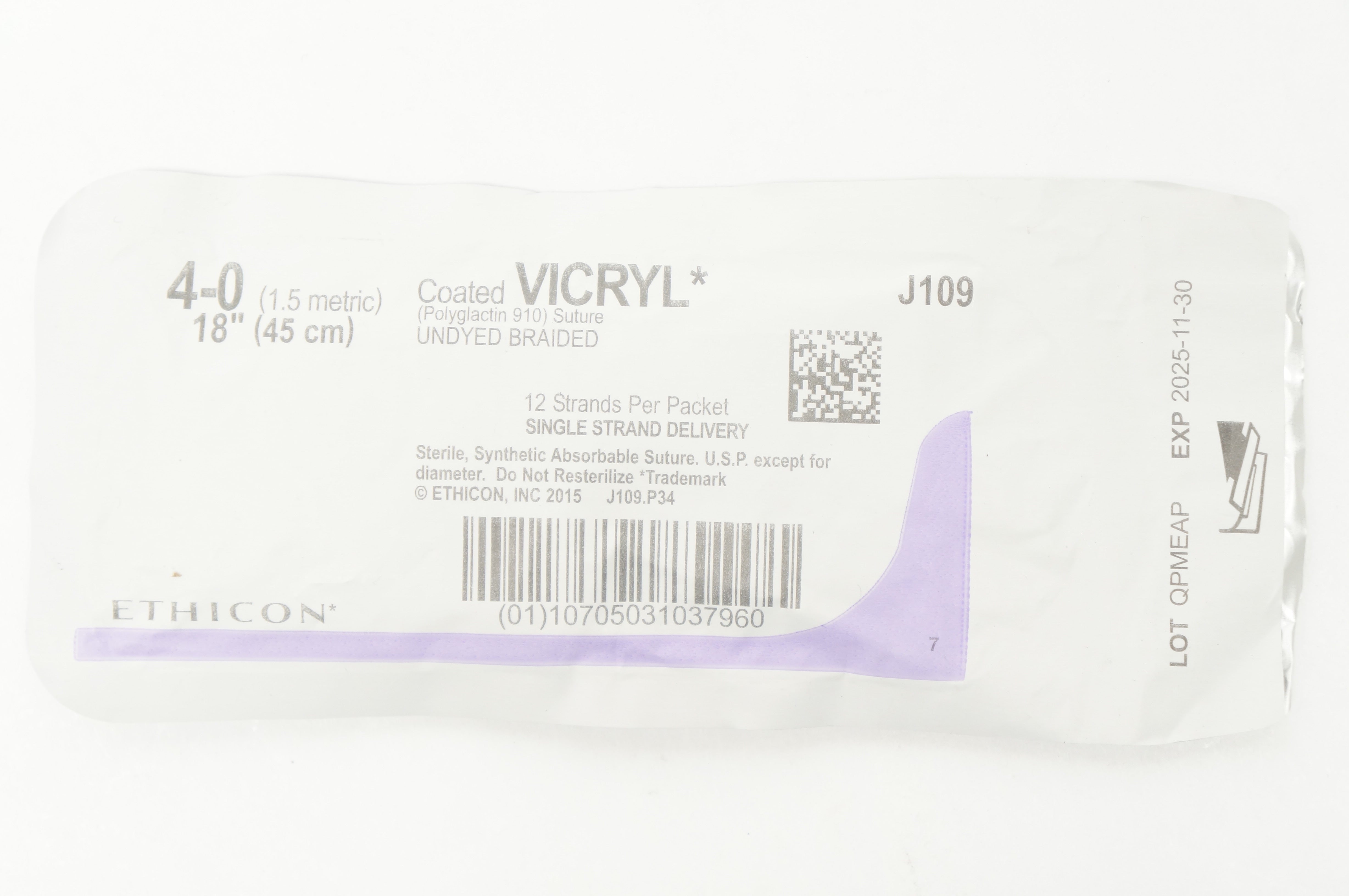 Ethicon J109 4-0 Coated VICRYL Polyglactin 910 Suture Undyed Braided 18inch