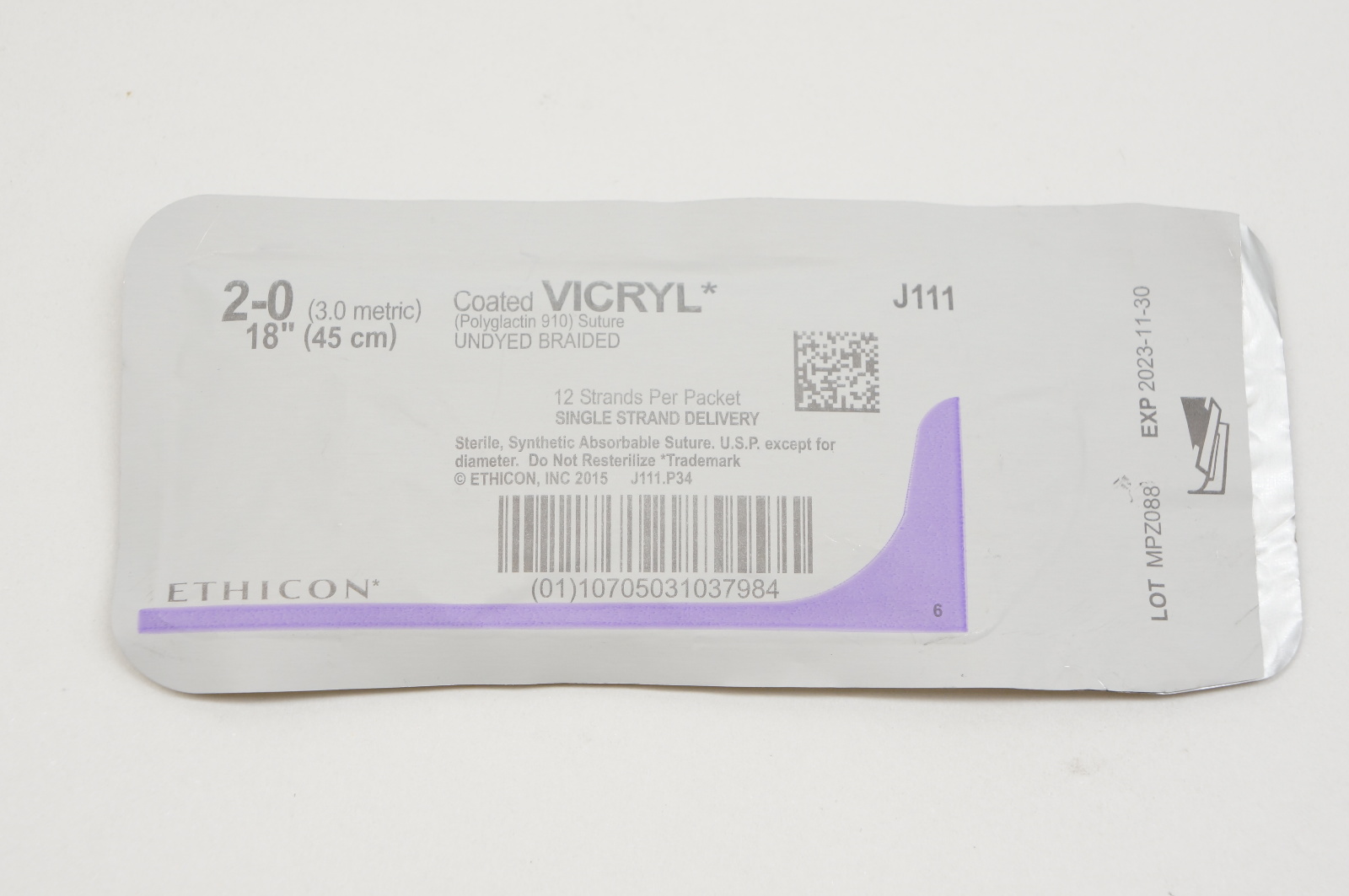 Ethicon J111 2-0 VICRYL, Undyed Braided, 18inch