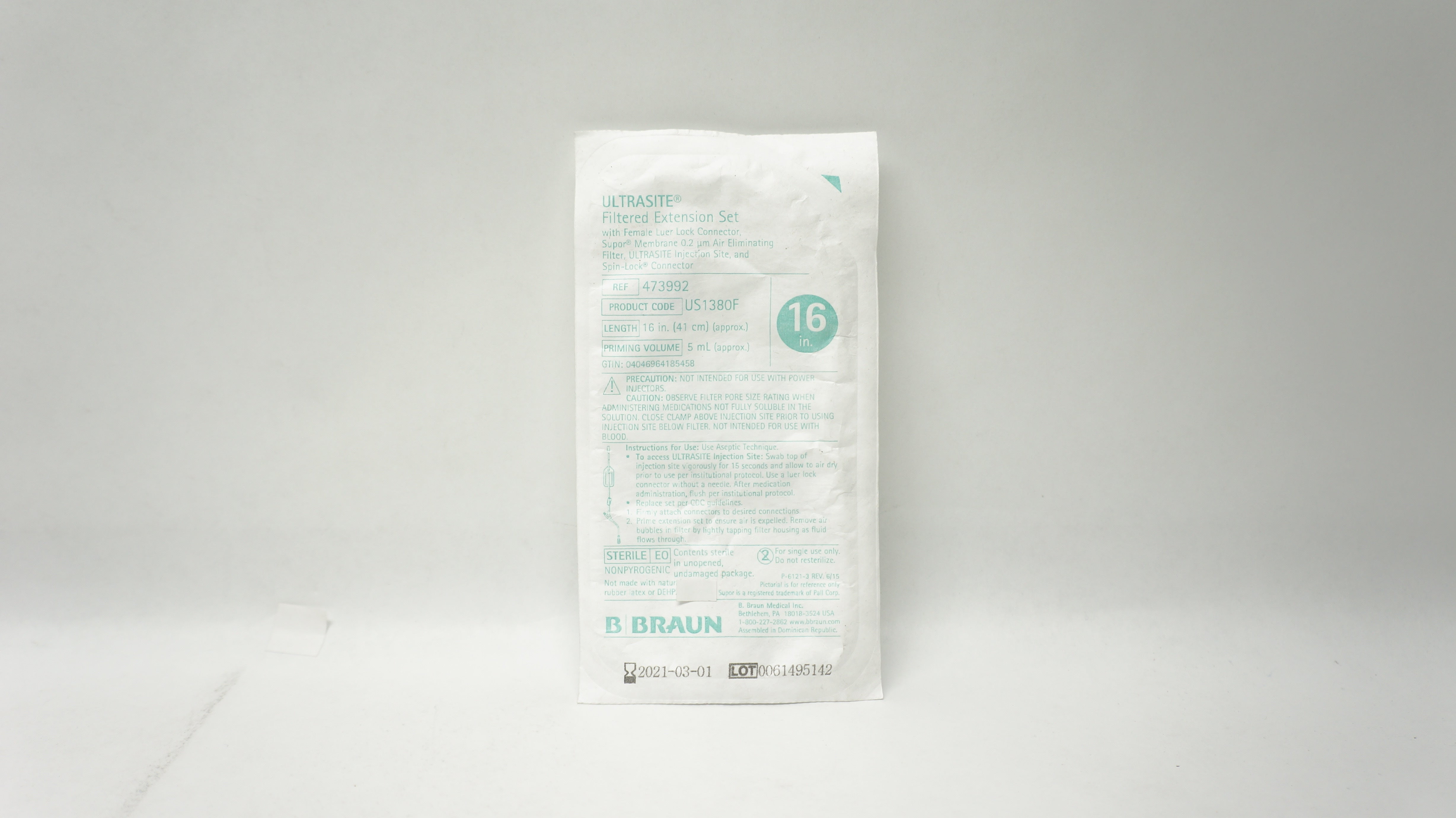 Braun 473992 Ultrasite Filtered Extension Set w/Female Connector 16inch x 5mL(x)