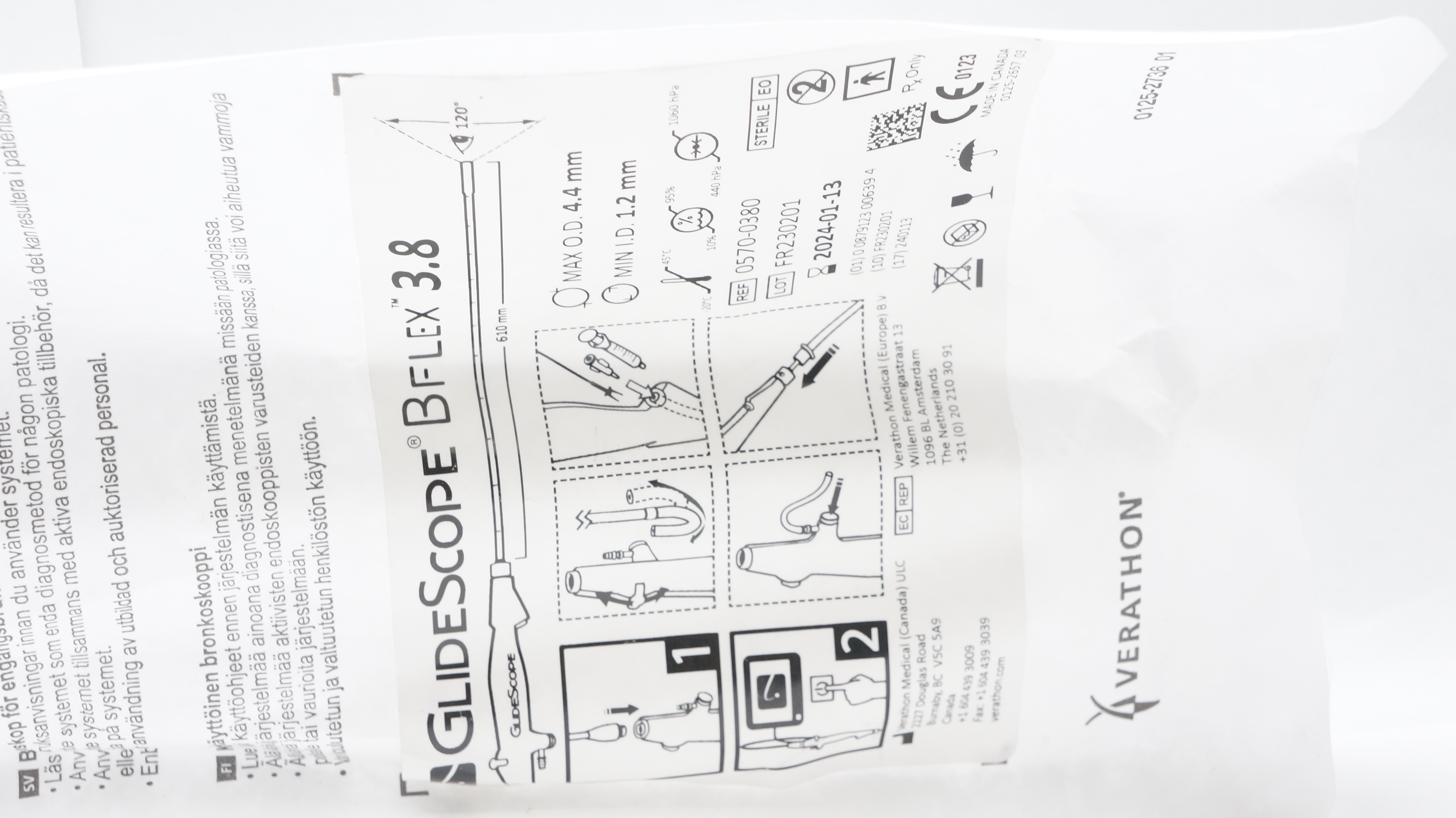 Verathon 0570-0380 GlideScope Bflex 3.8 Bronchoscope 4.4mm ID x 1.2mm OD (x)