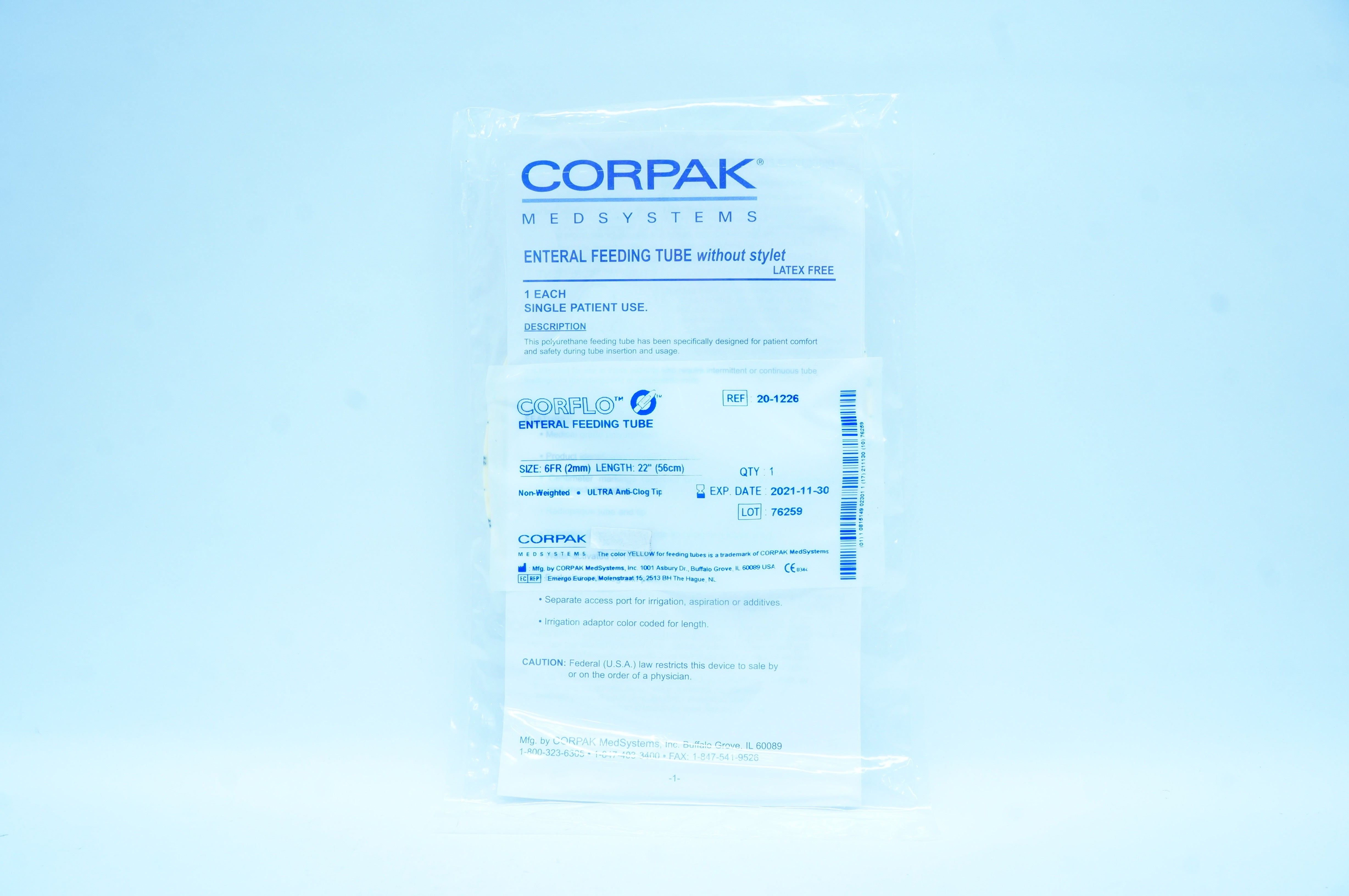 Corpak Medsytems 20-1226 Enteral Feeding Tube without Stylet 6Fr x 22inch