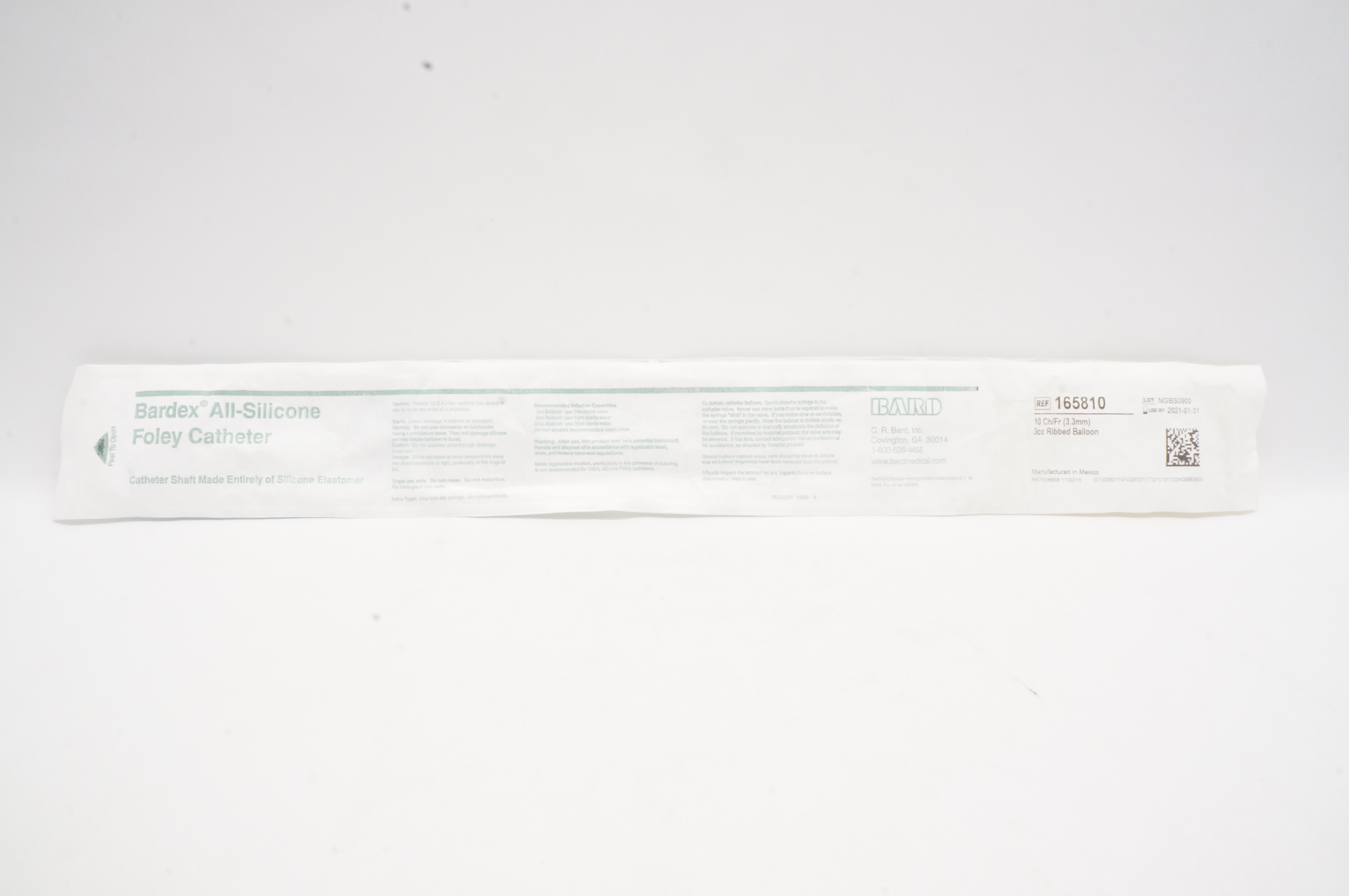 Bard 165810 Bardex All-Silicone Foley Cath. Ribbed Balloon 10Fr x 3cc