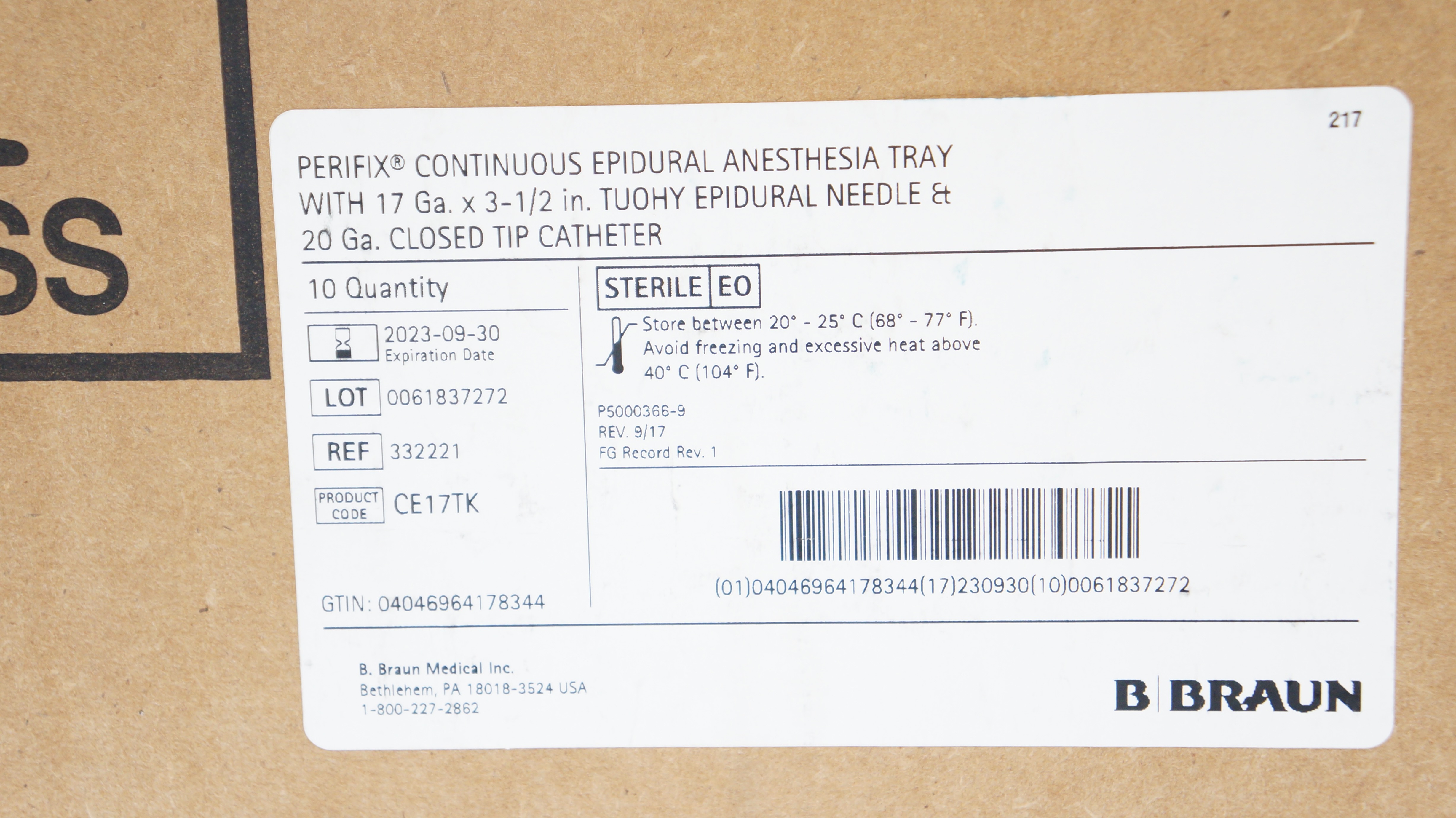 Braun 332221 Perifix Epidural Anesthesia Tray 20Ga, 17Ga x 3-1/2inch - Box of 10