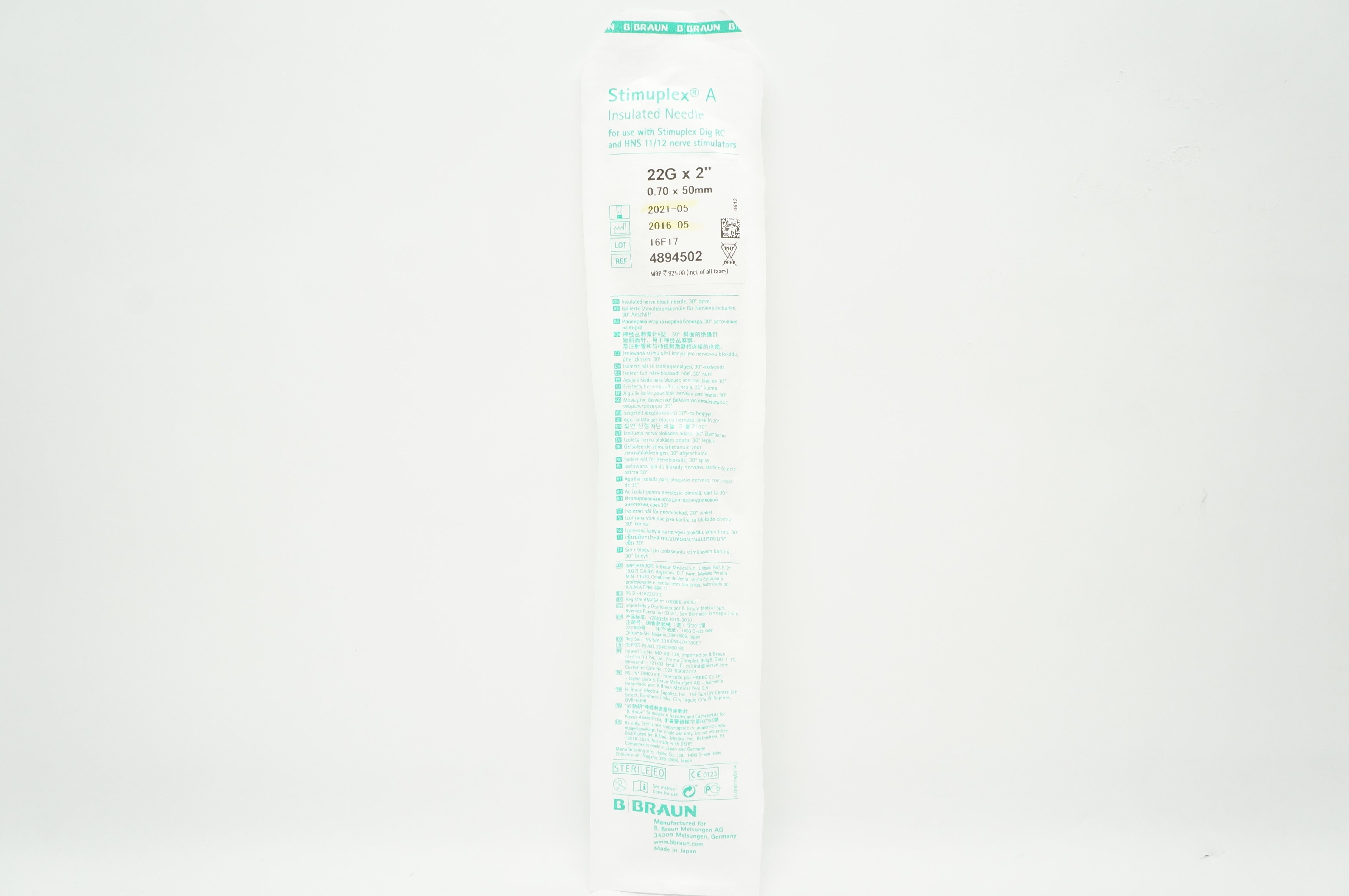 B.Braun 4894502 Stimuplex A Insulated Ndle 22G x 2inch (x)