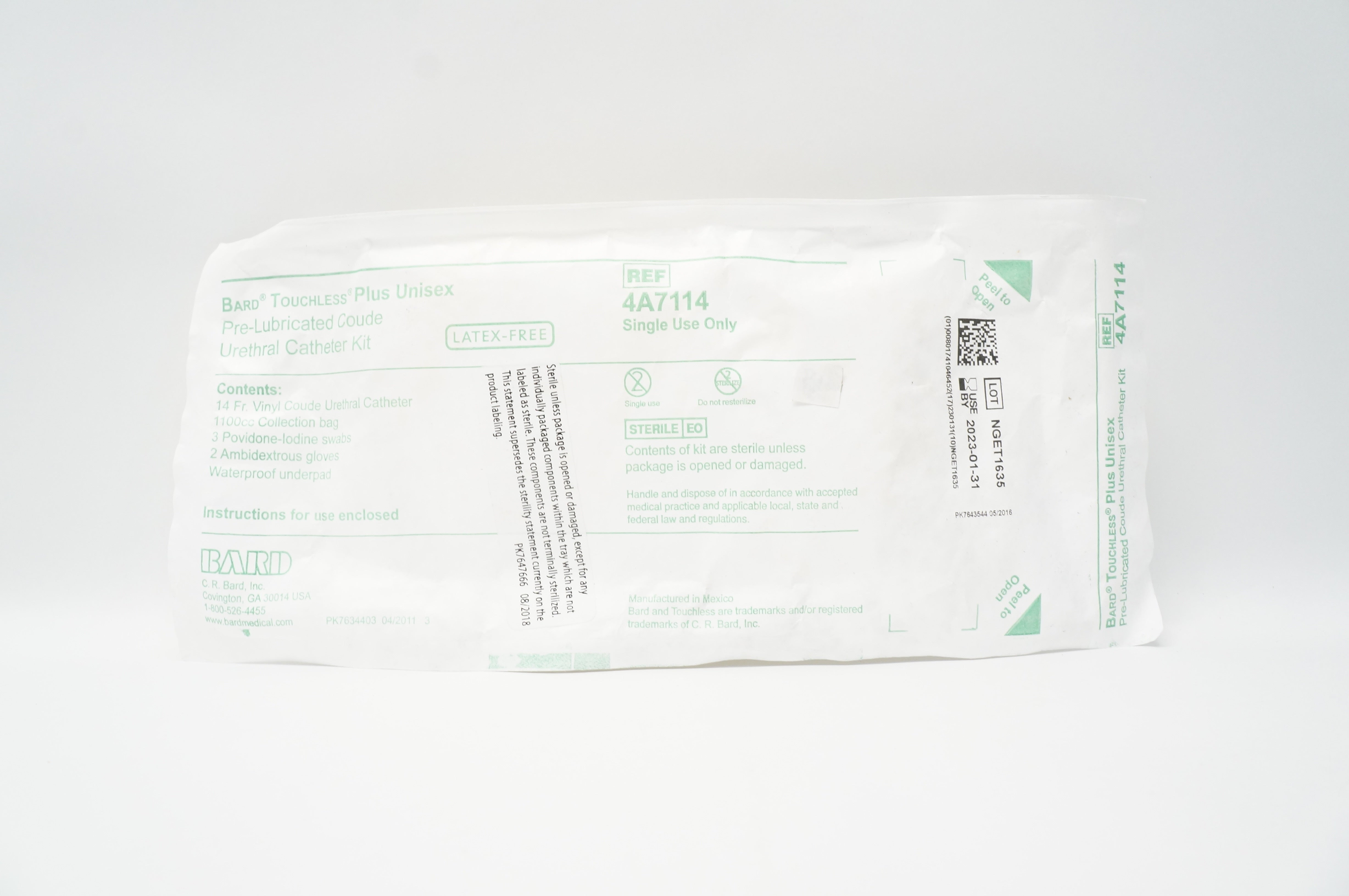 Bard 4A7114 Touchless Plus Unisex Pre-Lubricated Coude Urethral Cath. Kit 14Fr