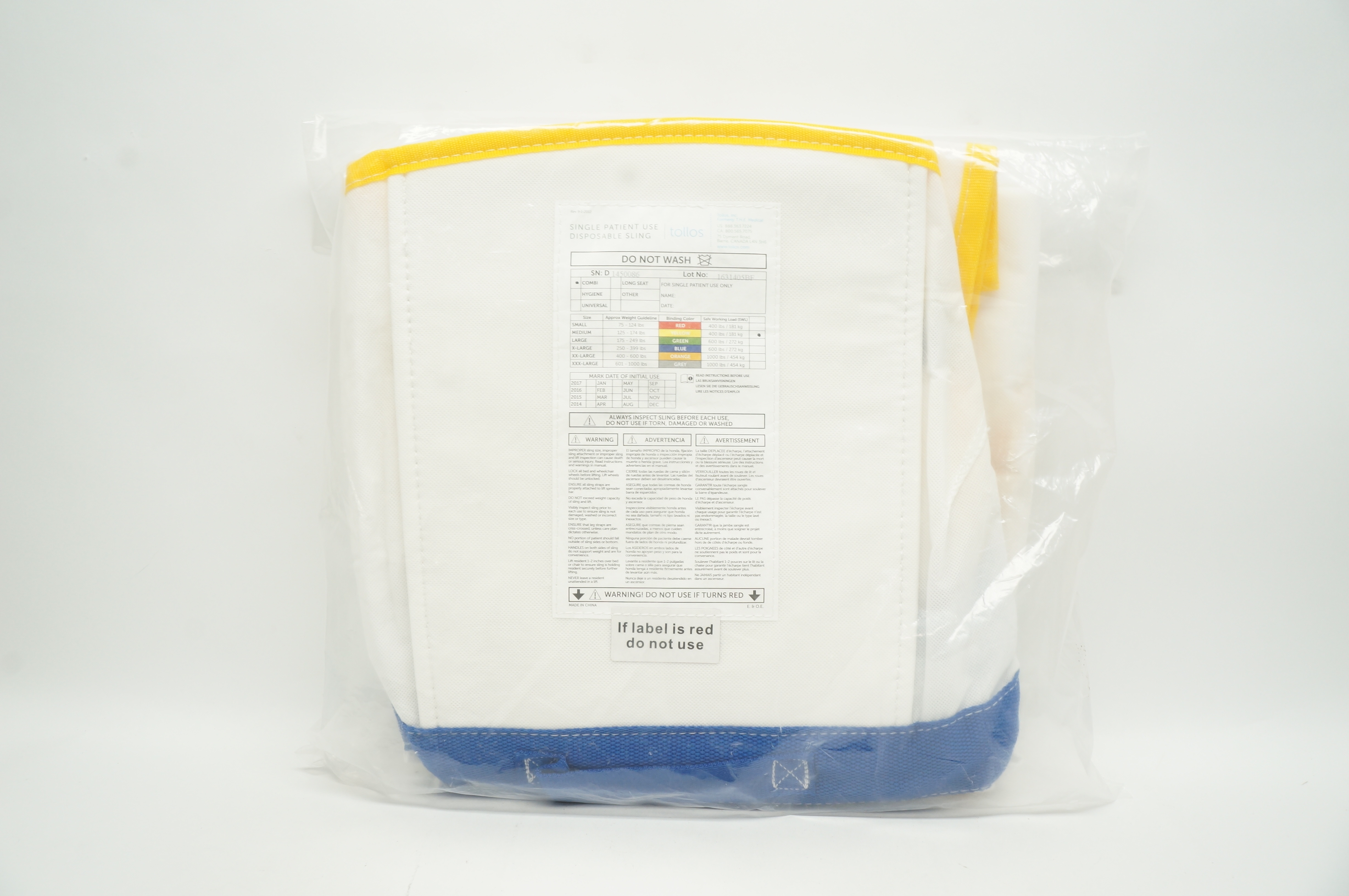 Tollos T015C-PSS Disposable Combi Sling, Medium 125-174 lbs, Yellow 400 lbs