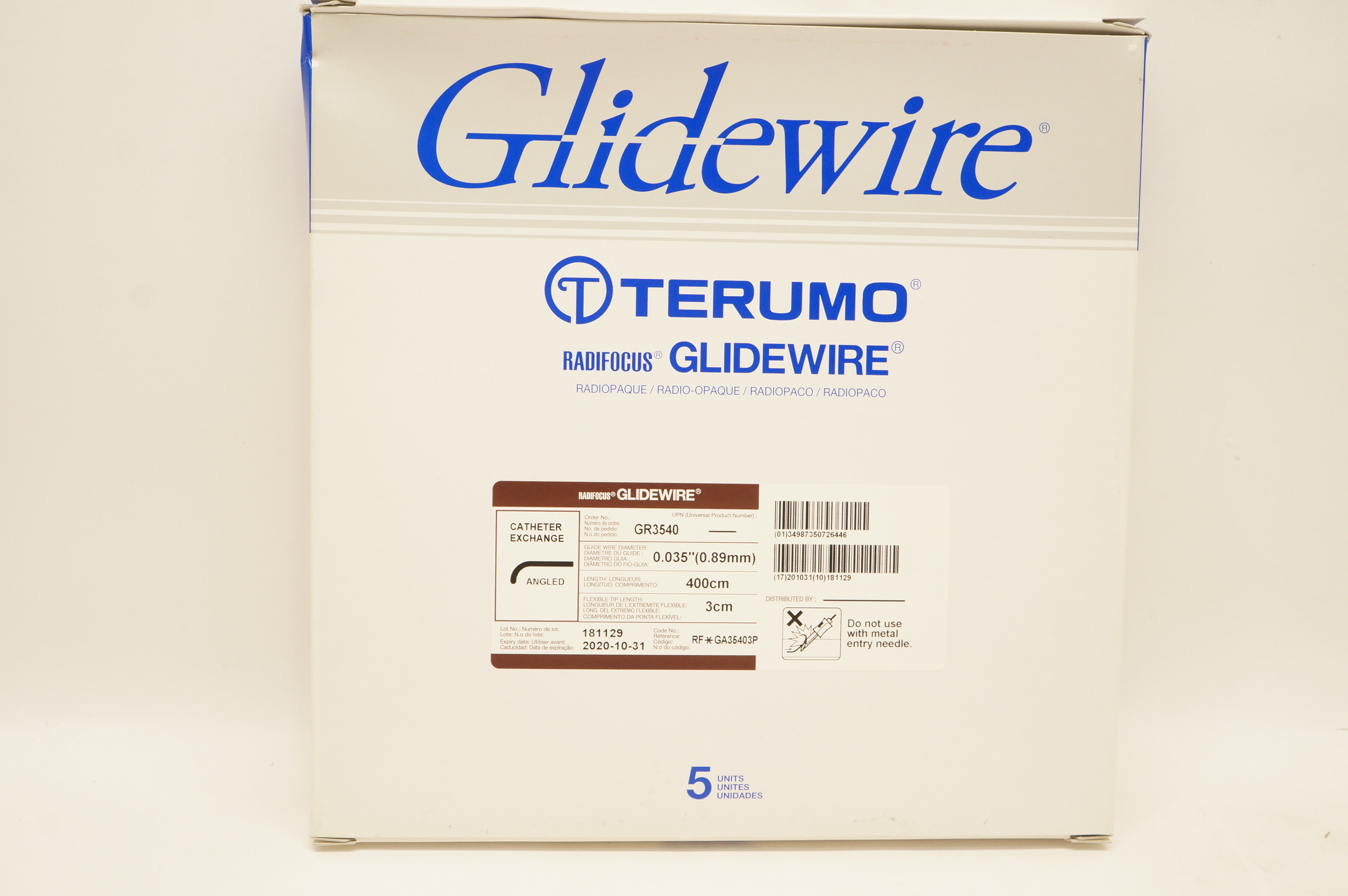 Terumo GR3540 Radiofocus Glidewire 0.035inch x 400cm x 3cm - Box of 5 (x)