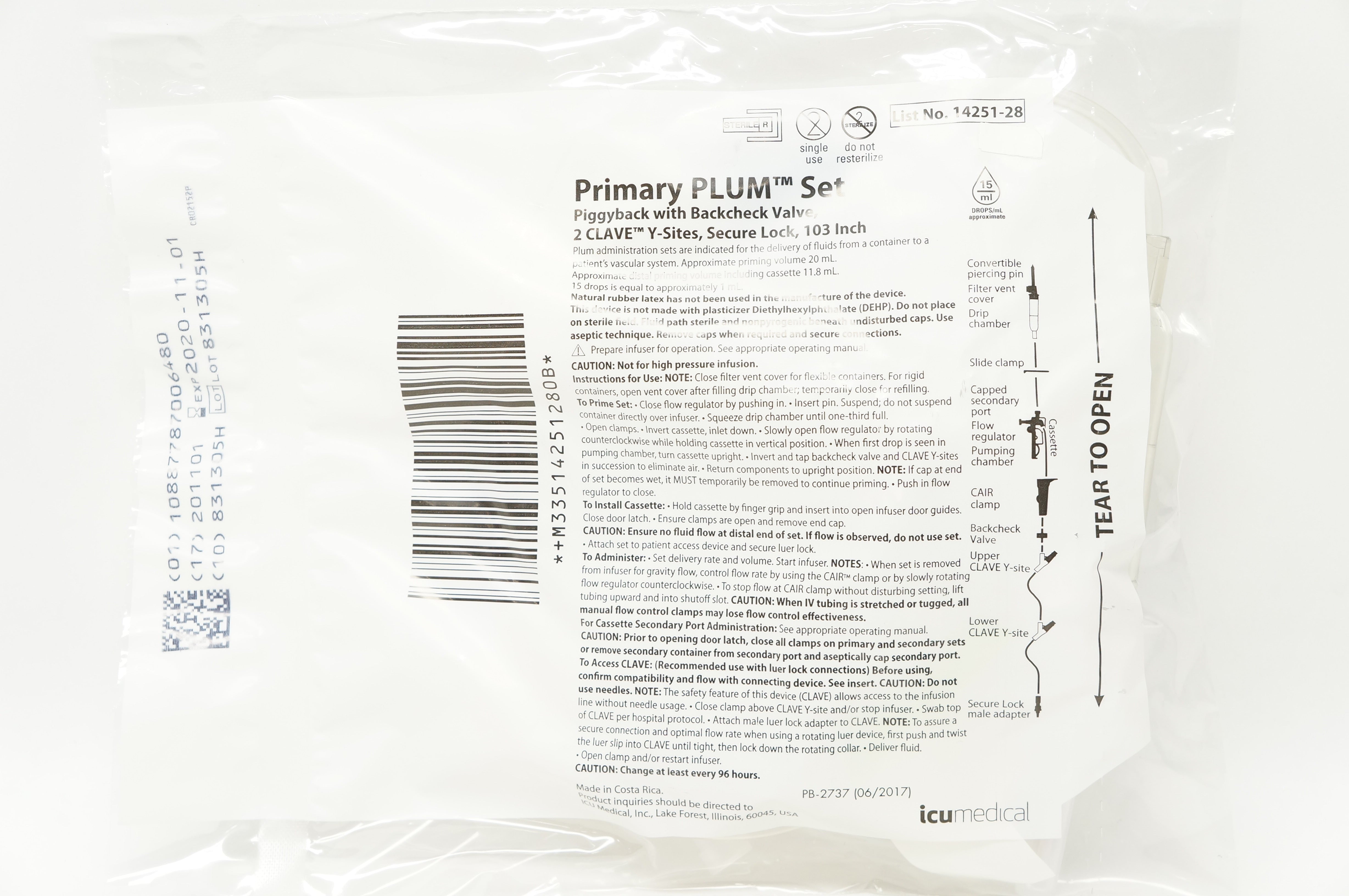 IcuMedical 14251-28 Primary Plum Set Pyggyback W/Backcheck Valve 2 Clave (x)