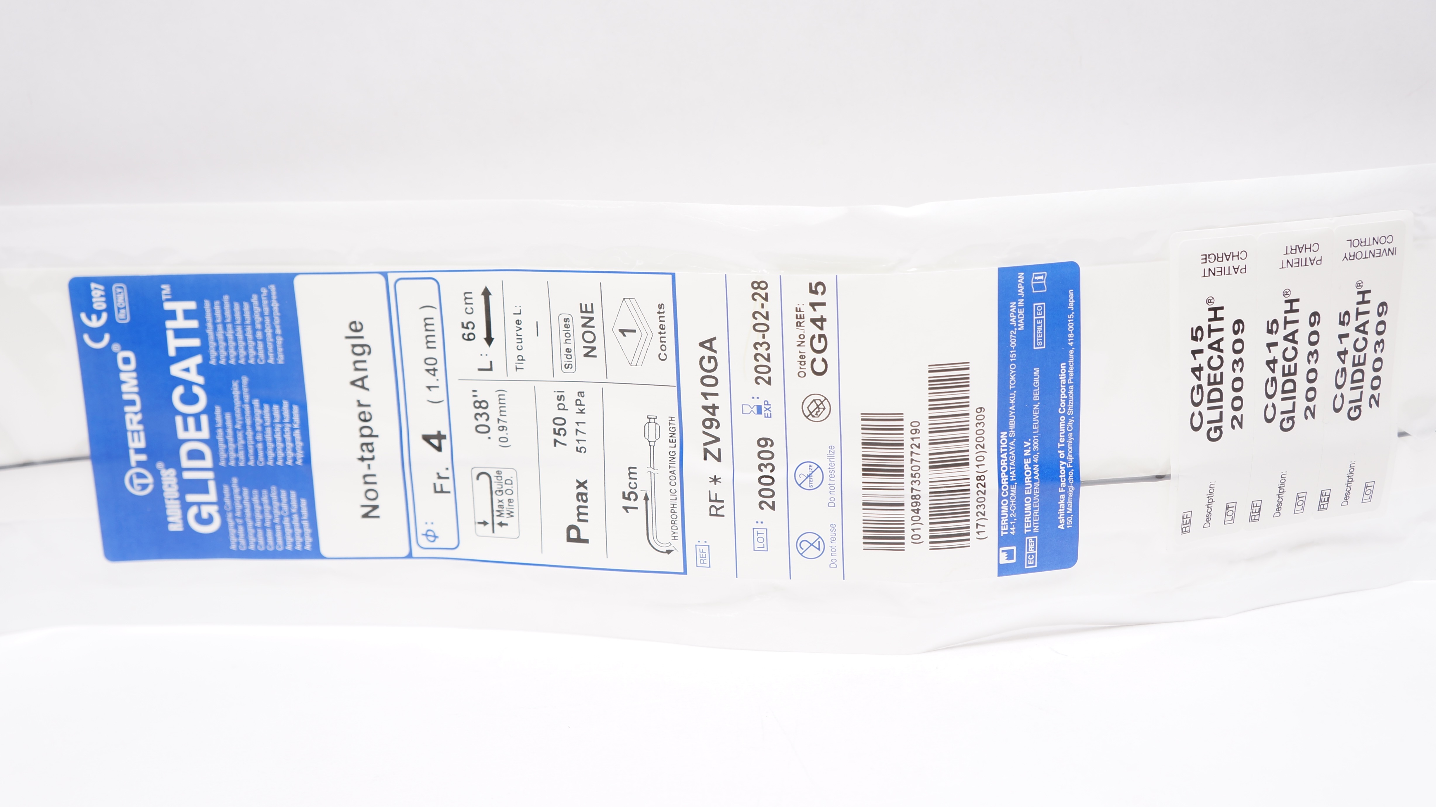 Terumo ZV9410GA Radifocus Glidecath Angiographic Cath. 4Fr. x 65cm x .038inch(x)