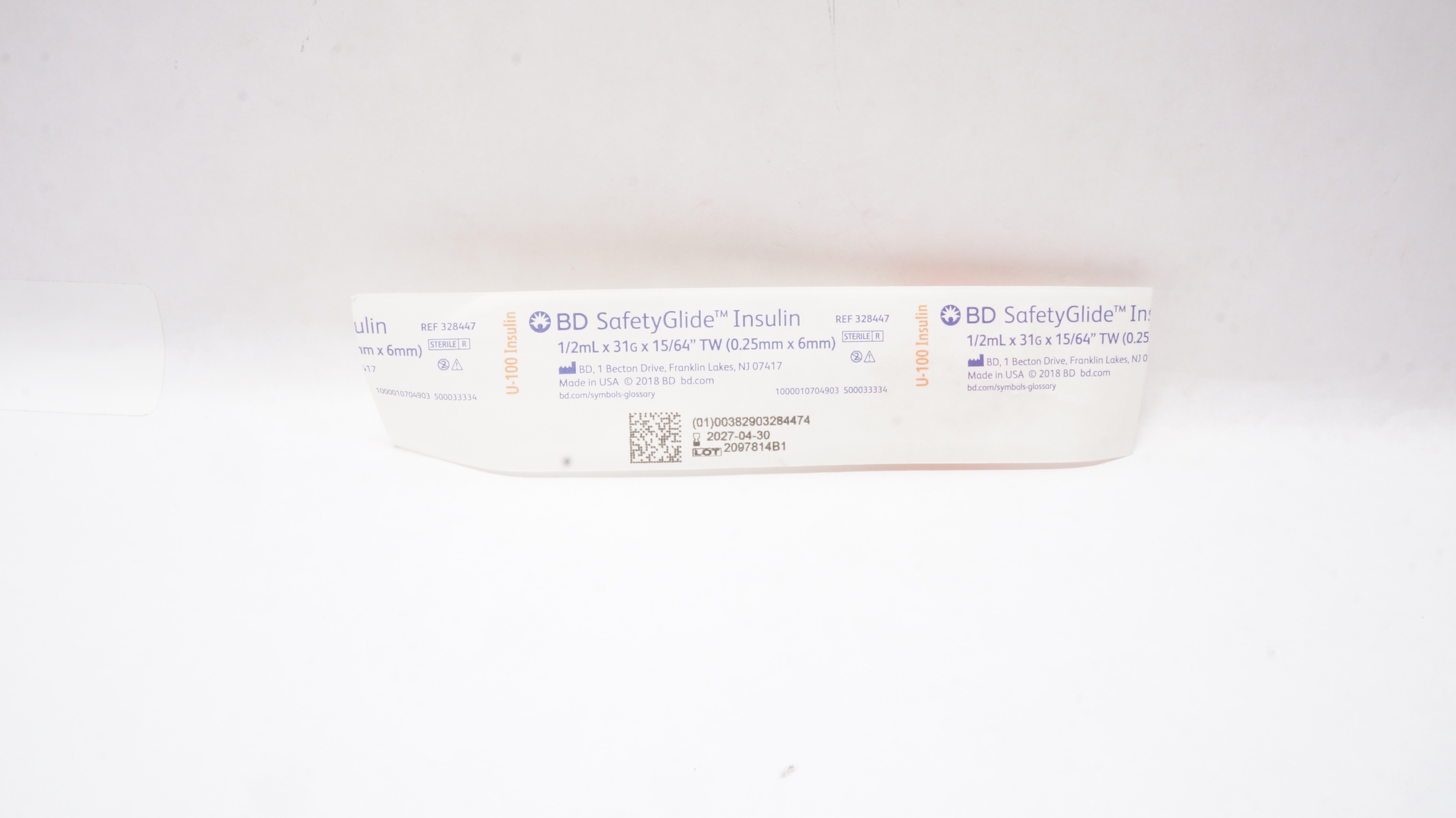 BD 328447 SafetyGlide Insulin Syringe 1/2mL x 31G x 15/64inch TW