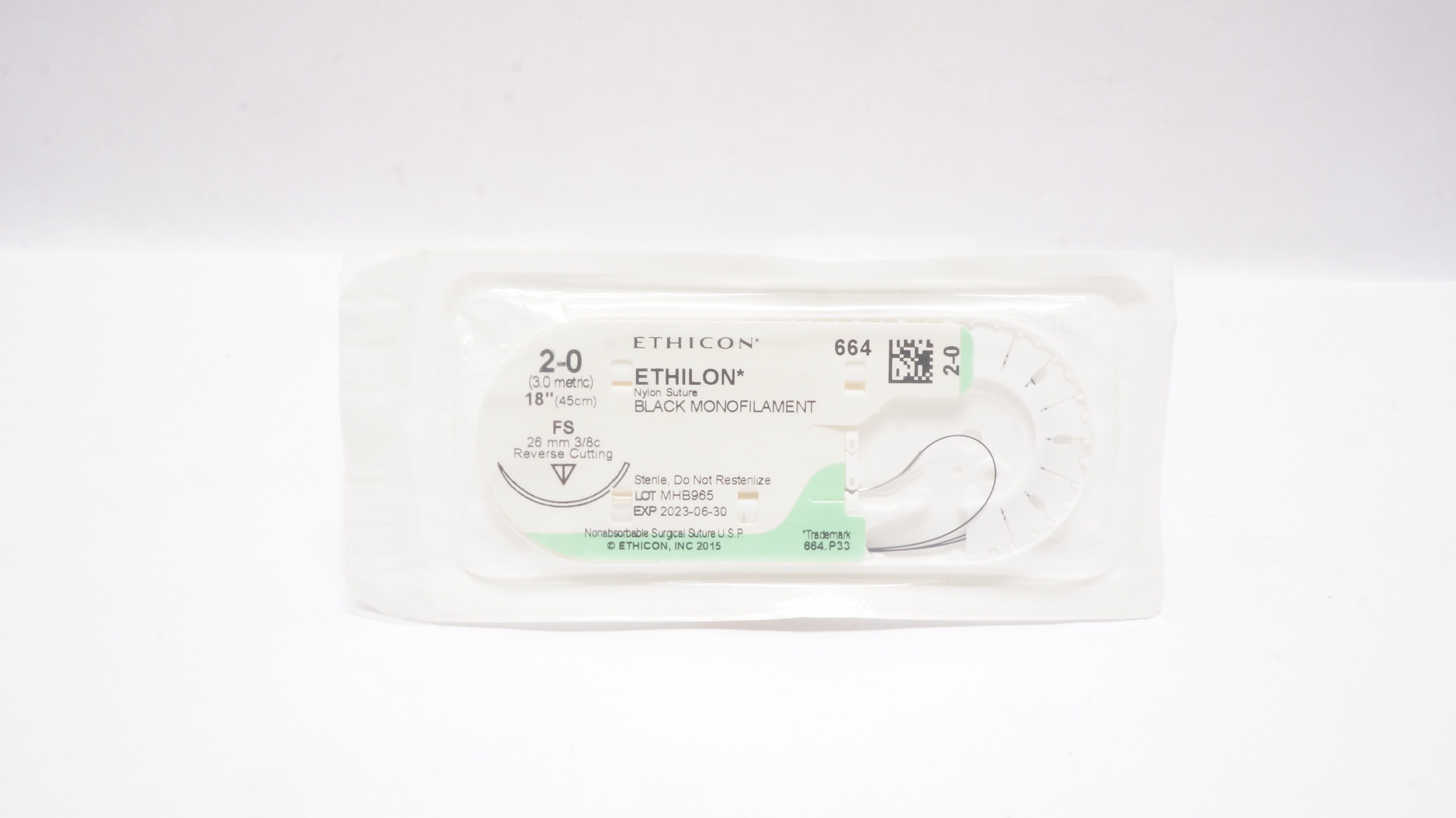 Ethicon 664 2-0 Ethilon Nylon Stre FS 26mm 3/8c Reverse Cutting 18 inch (x)