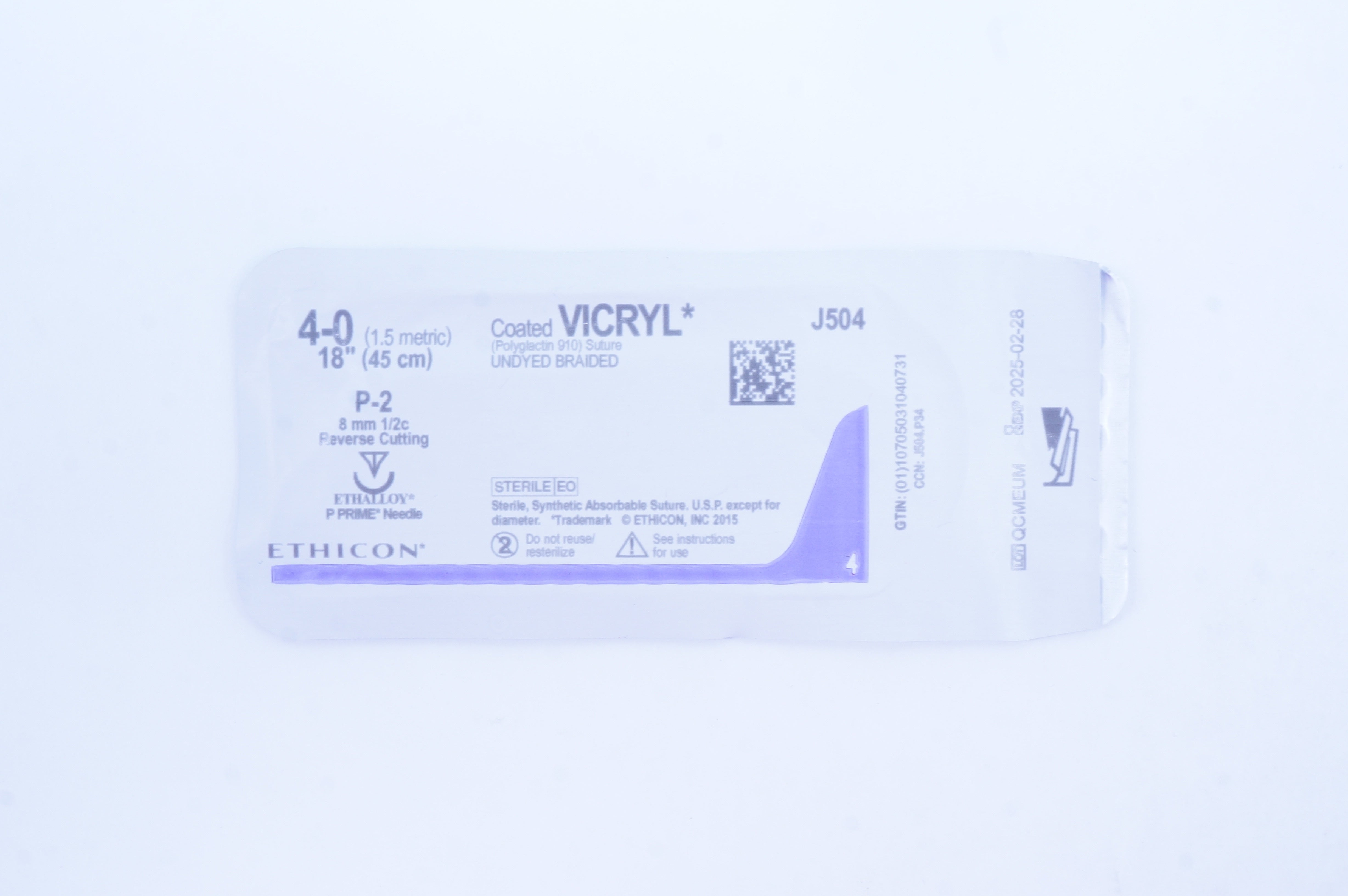 Ethicon J504 4-0 Coated VICRYL P-2 8mm 1/2c Reverse Cutting, 18inch