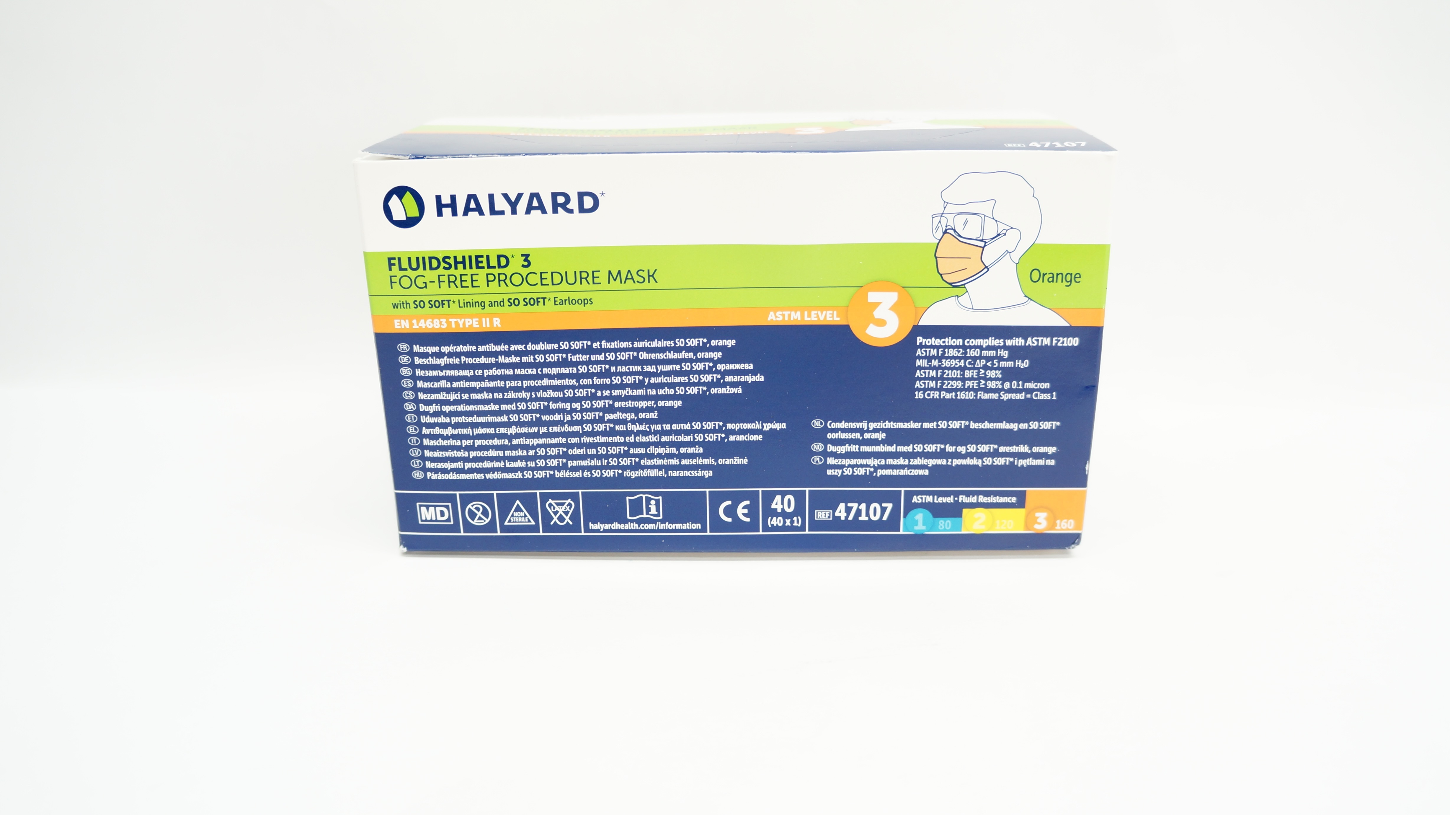 Halyard 47107 Fluidshield 3 Fog-Free Procedure Mask ASTM Level 3 - Box of 40