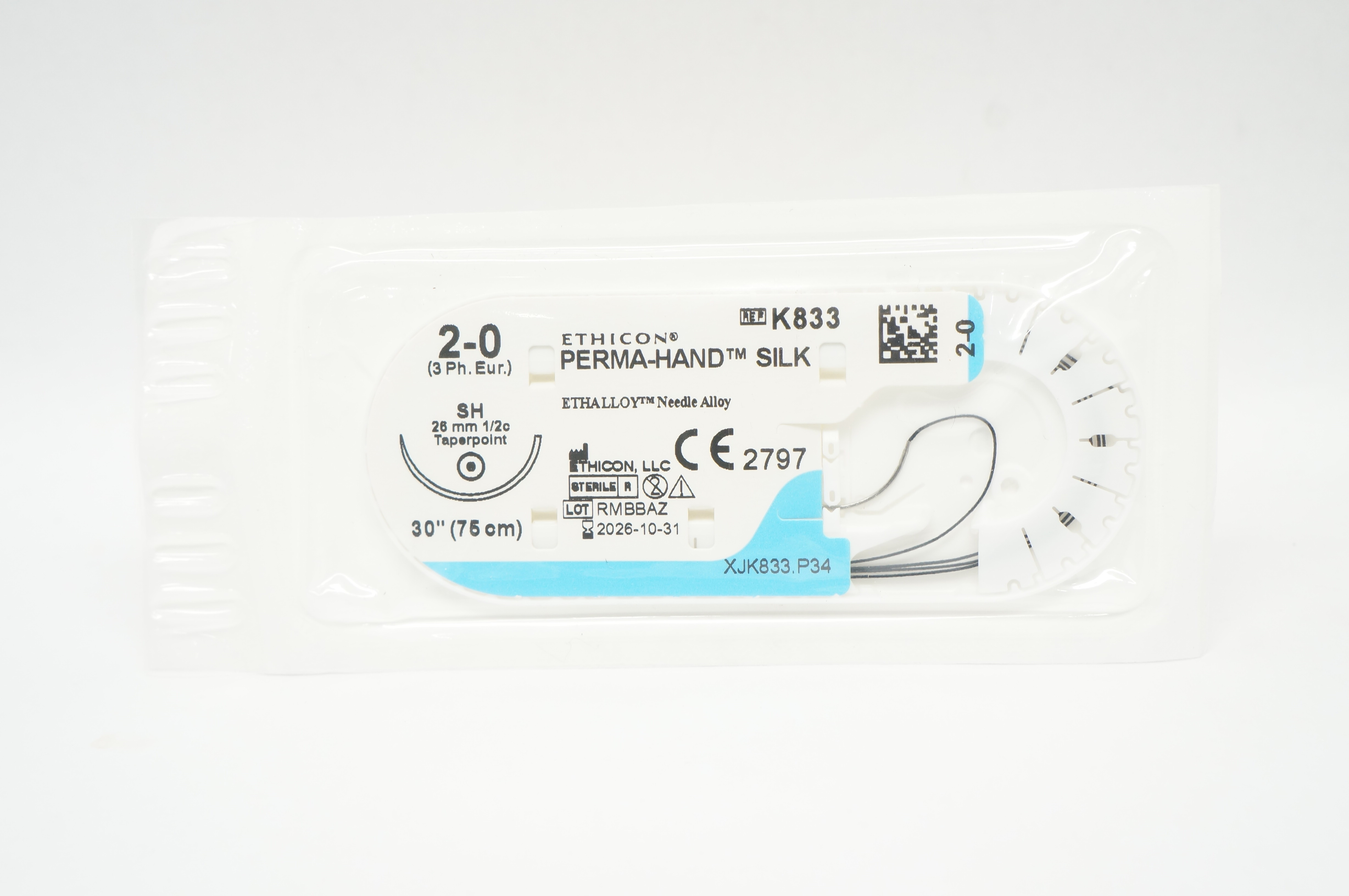 Ethicon K833 2-0 PERMA-HAND SILK Stre, SH 26mm 1/2c Taper, 30inch