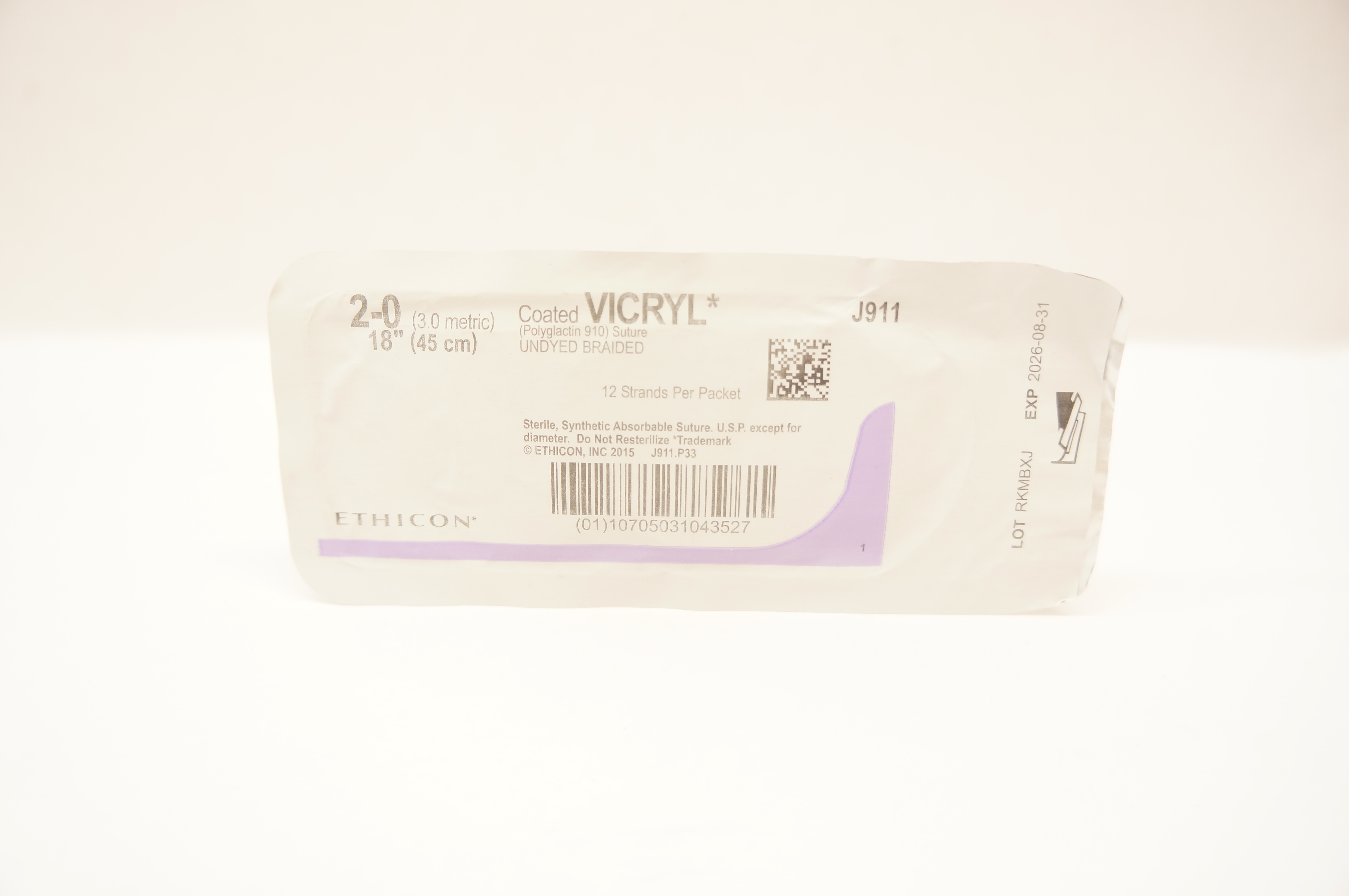 Ethicon J911 2-0 Coated VICRYL, Undyed Braided, 18inch
