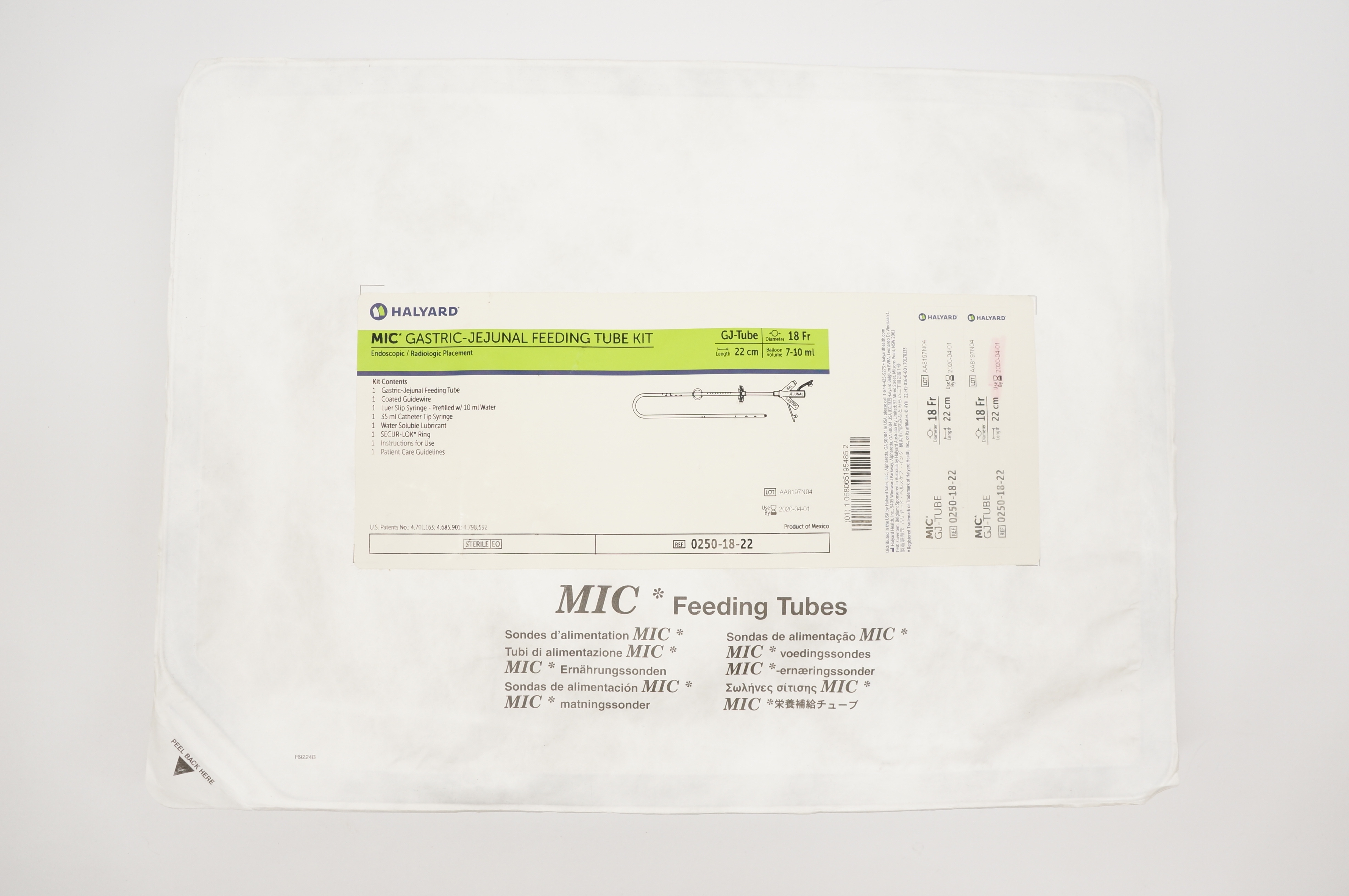 Halyard 0250-18-22 MIC Gastric-Jejunal Feeding Tube Kit 18Fr x 22cm 7-10ml (x)