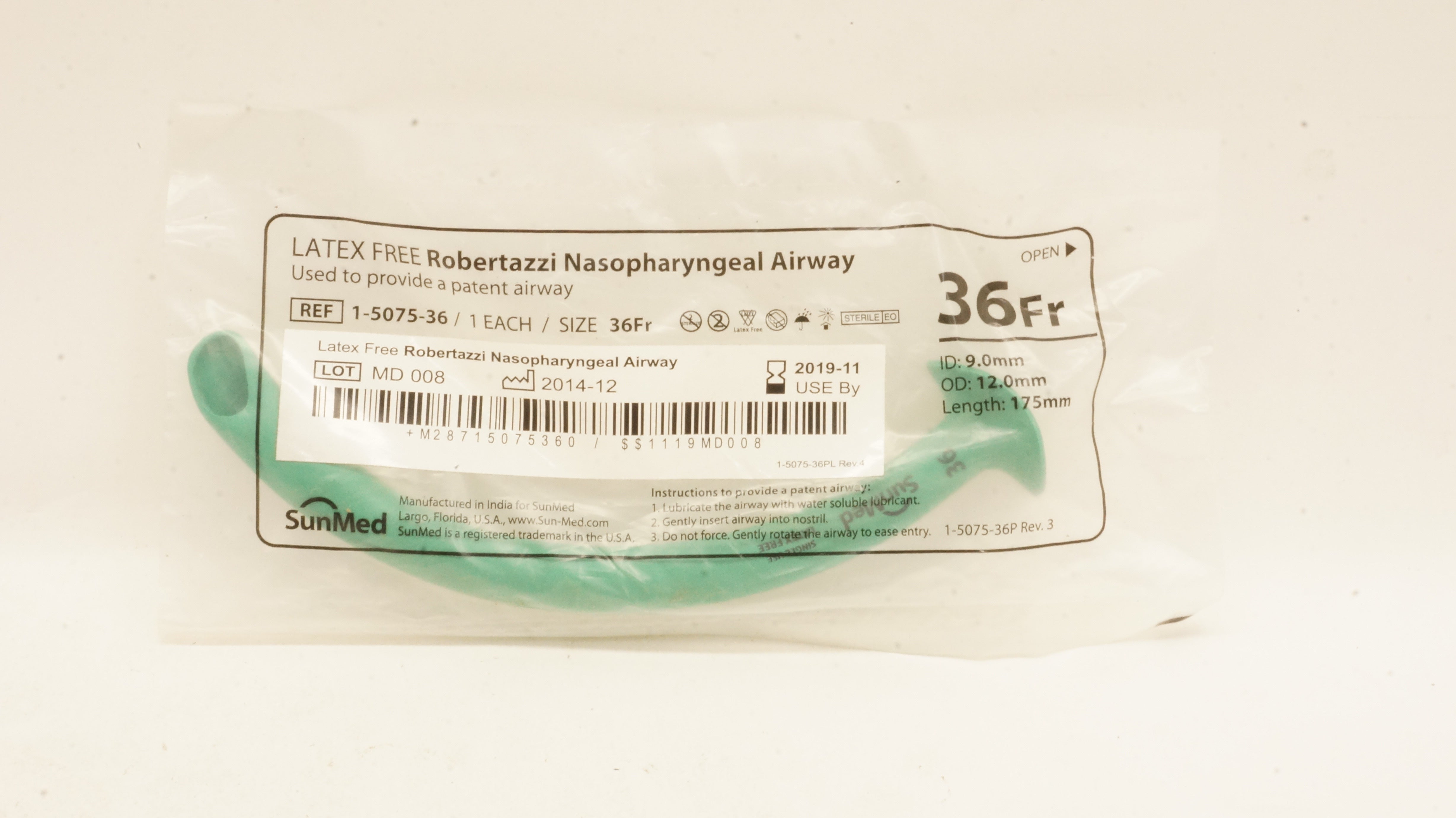 SunMed 1-5075-36 Robertazzi Nasopharyngeal Airway 36Fr x 9.0 x 12.0 x 175mm (x)