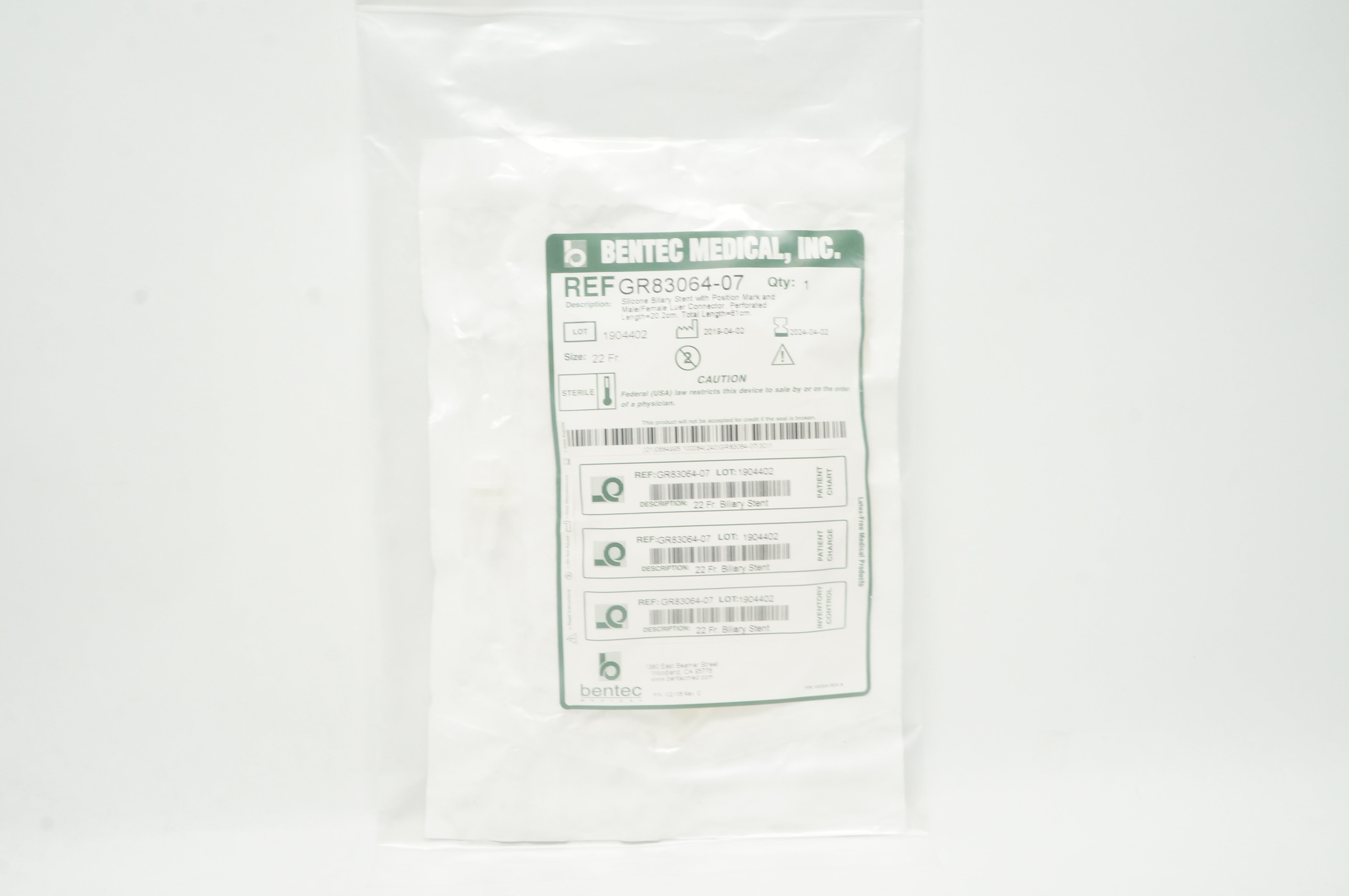 Bentec Medical GR83064-07 Silicone Biliary Stnt with Position Mark 22Fr